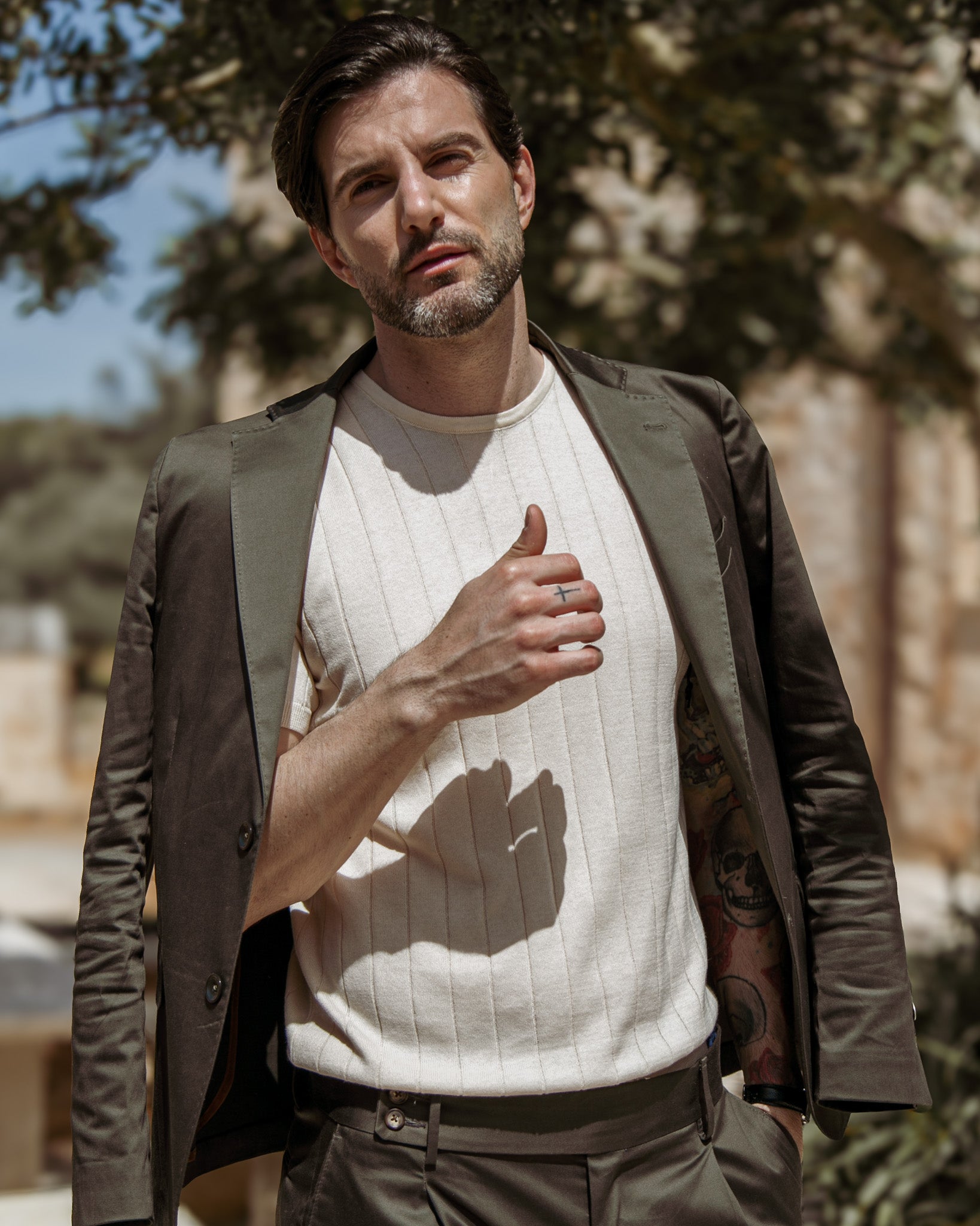 Adriano ribbed knit T-shirt in cream