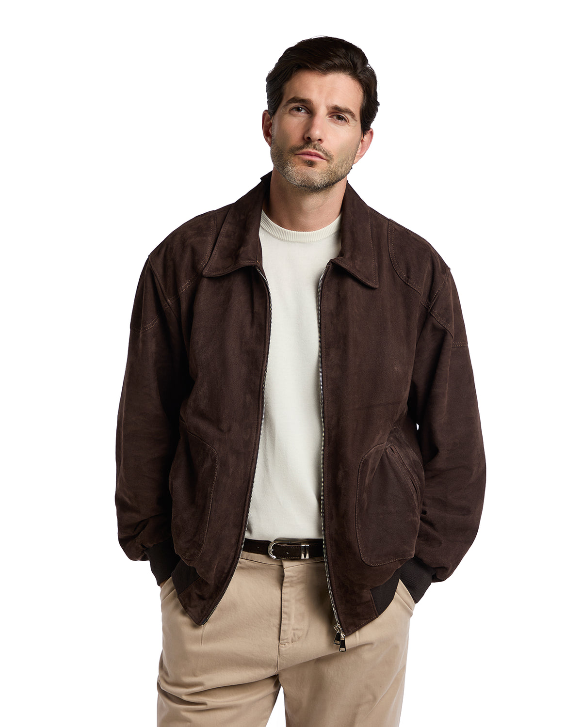 Bomber collo camicia con zip scamosciato testa di moro
