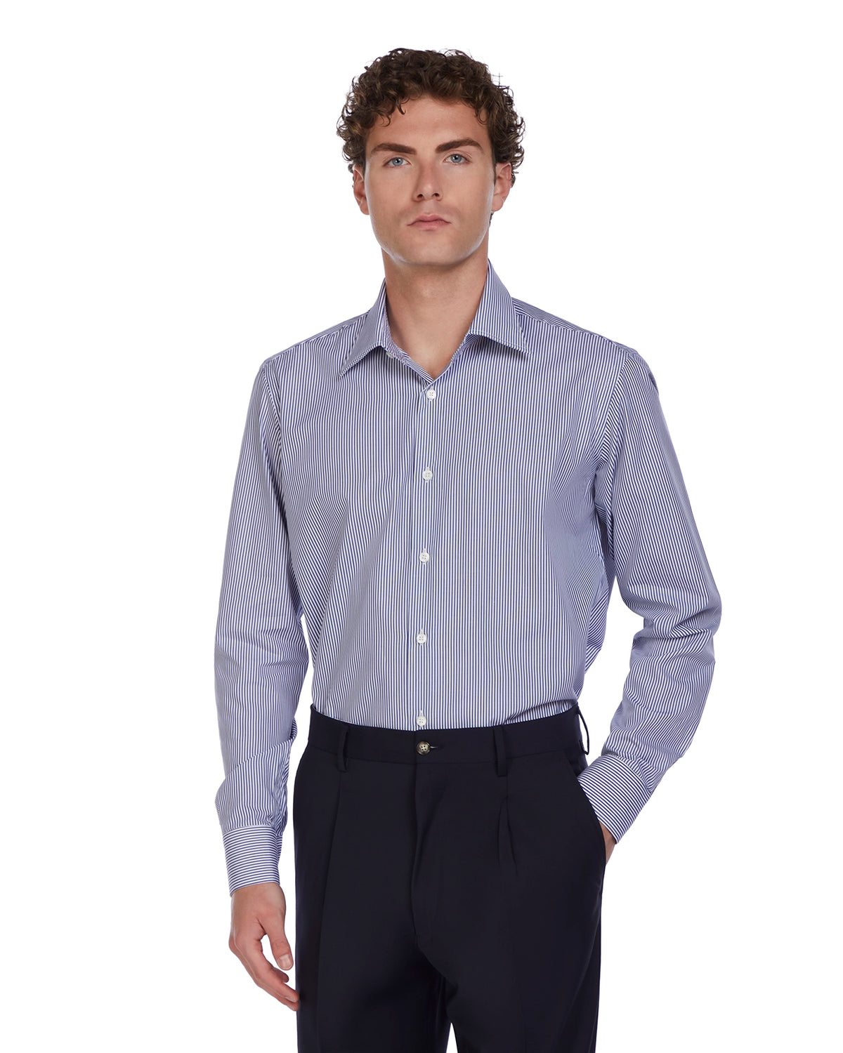 Men's tailored blue striped dress shirt, lightweight cotton, long sleeves, classic collar. Perfect for formal or business attire.