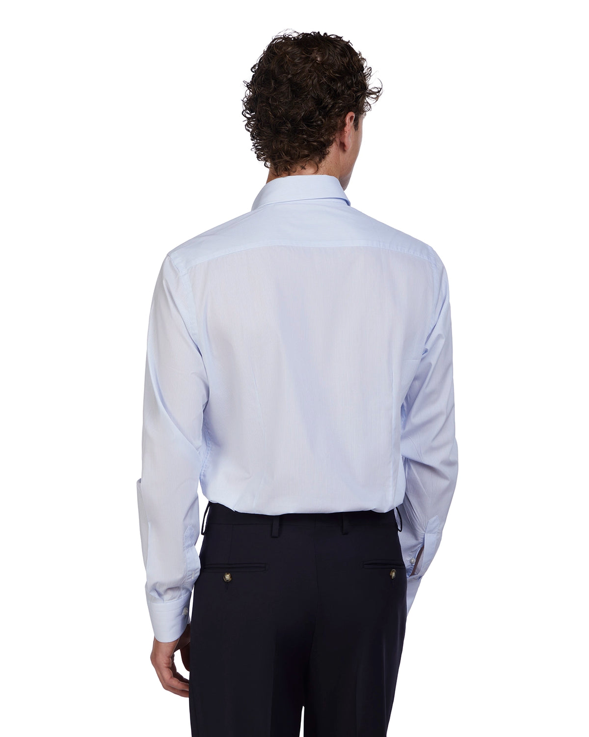 Light blue men's dress shirt with a classic fit and long sleeves, perfect for formal or business attire.