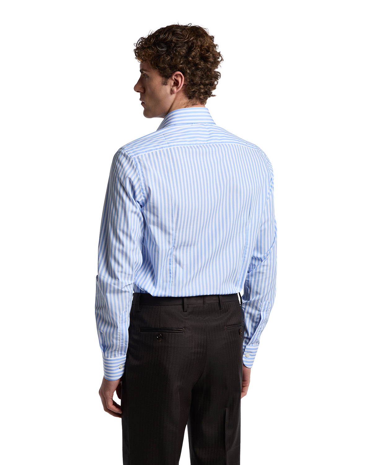 Men's blue and white striped dress shirt, slim fit, back view, perfect for formal and professional occasions.