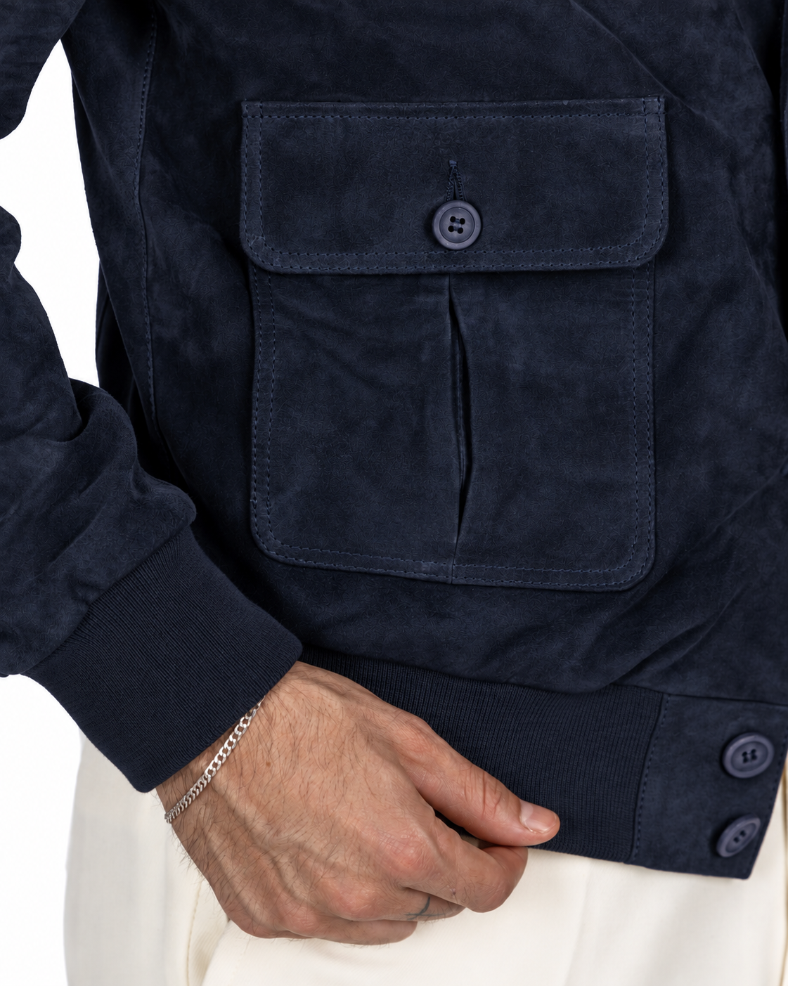 Bomber con bottoni scamosciato blu