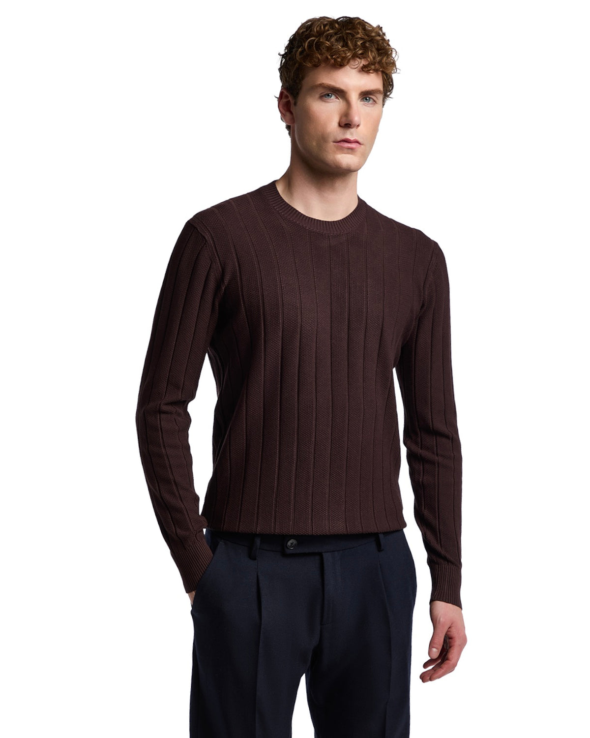 Men's ribbed chocolate brown sweater, made from soft knit fabric, featuring a classic crew neckline and fitted style.