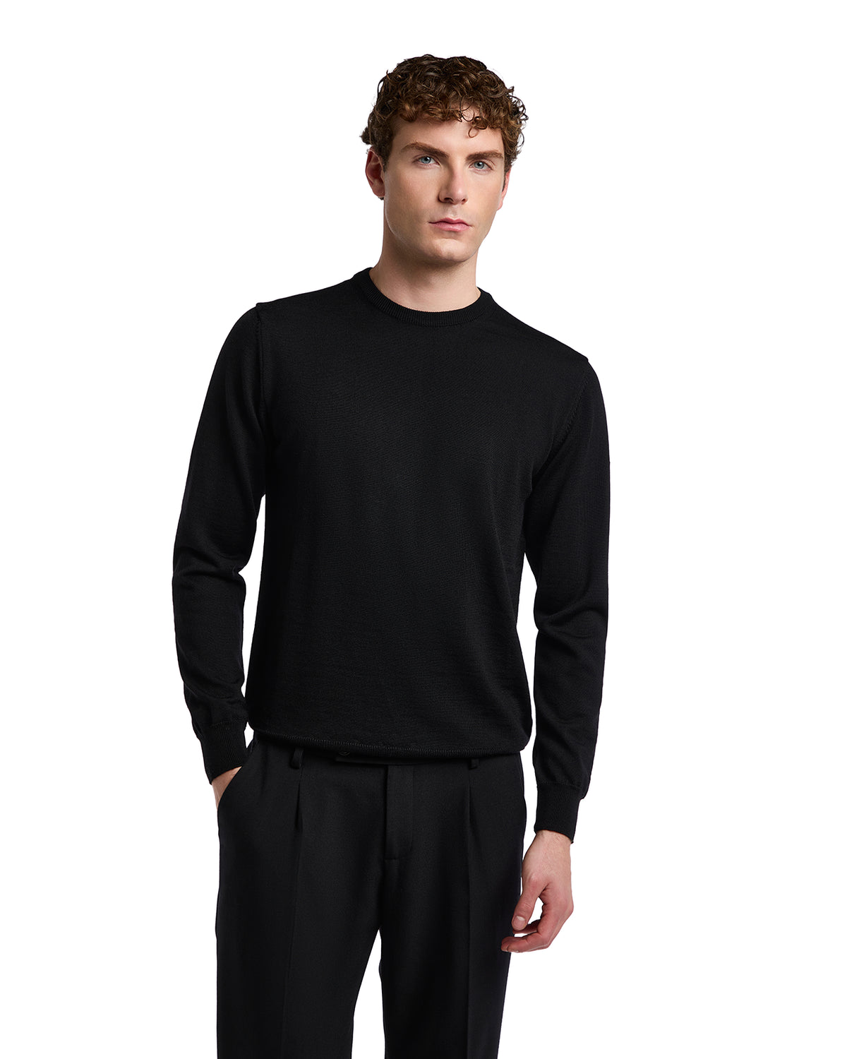 Black crew neck sweater in soft knit fabric, featuring long sleeves and a classic fit, perfect for versatile styling.