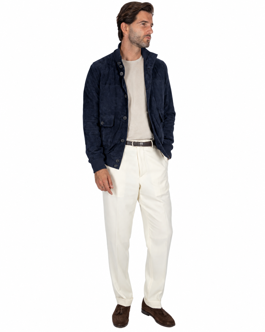 Bomber con bottoni scamosciato blu