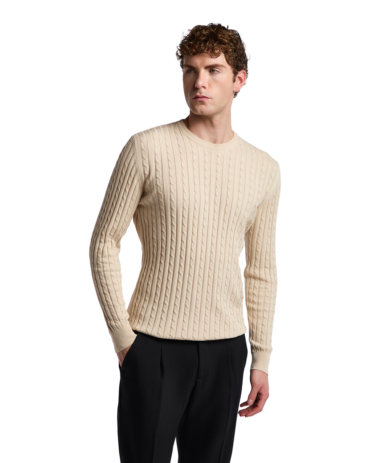 Beige ribbed cable knit sweater for men in soft cotton, perfect for casual or smart-casual outfits.