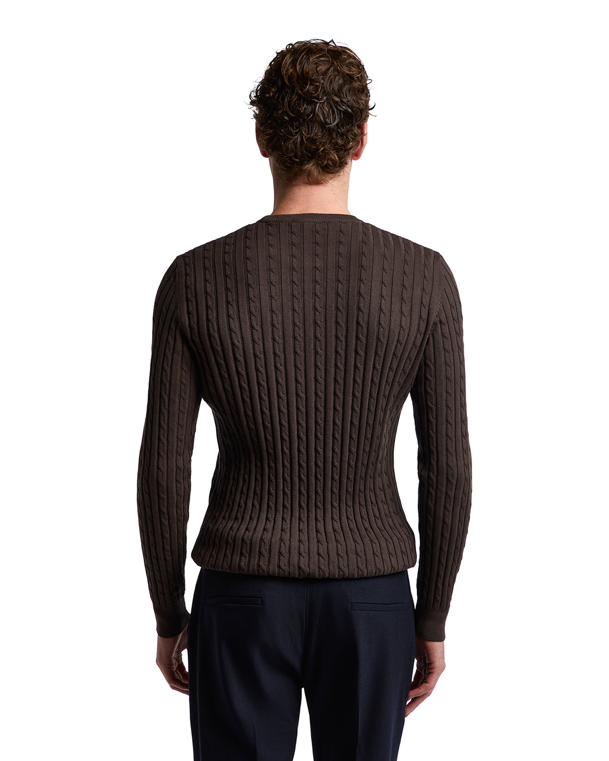 Brown ribbed knit sweater with long sleeves and fitted style, perfect for casual or smart-casual occasions.