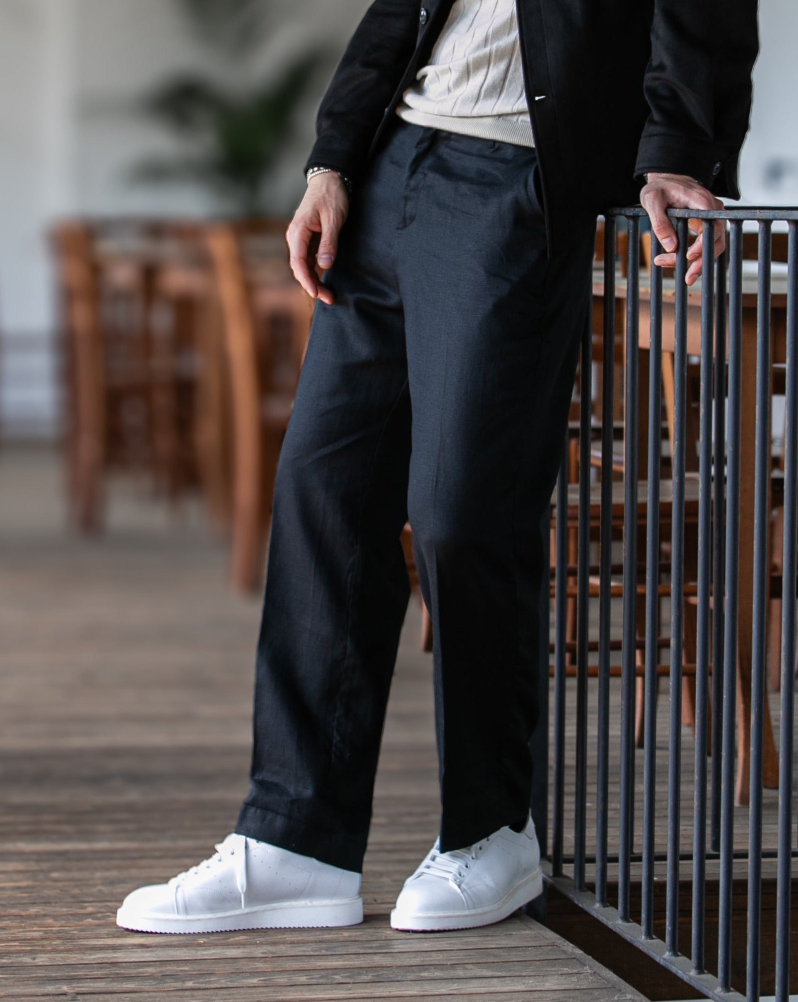 Lucas - pantalone largo in puro lino nero