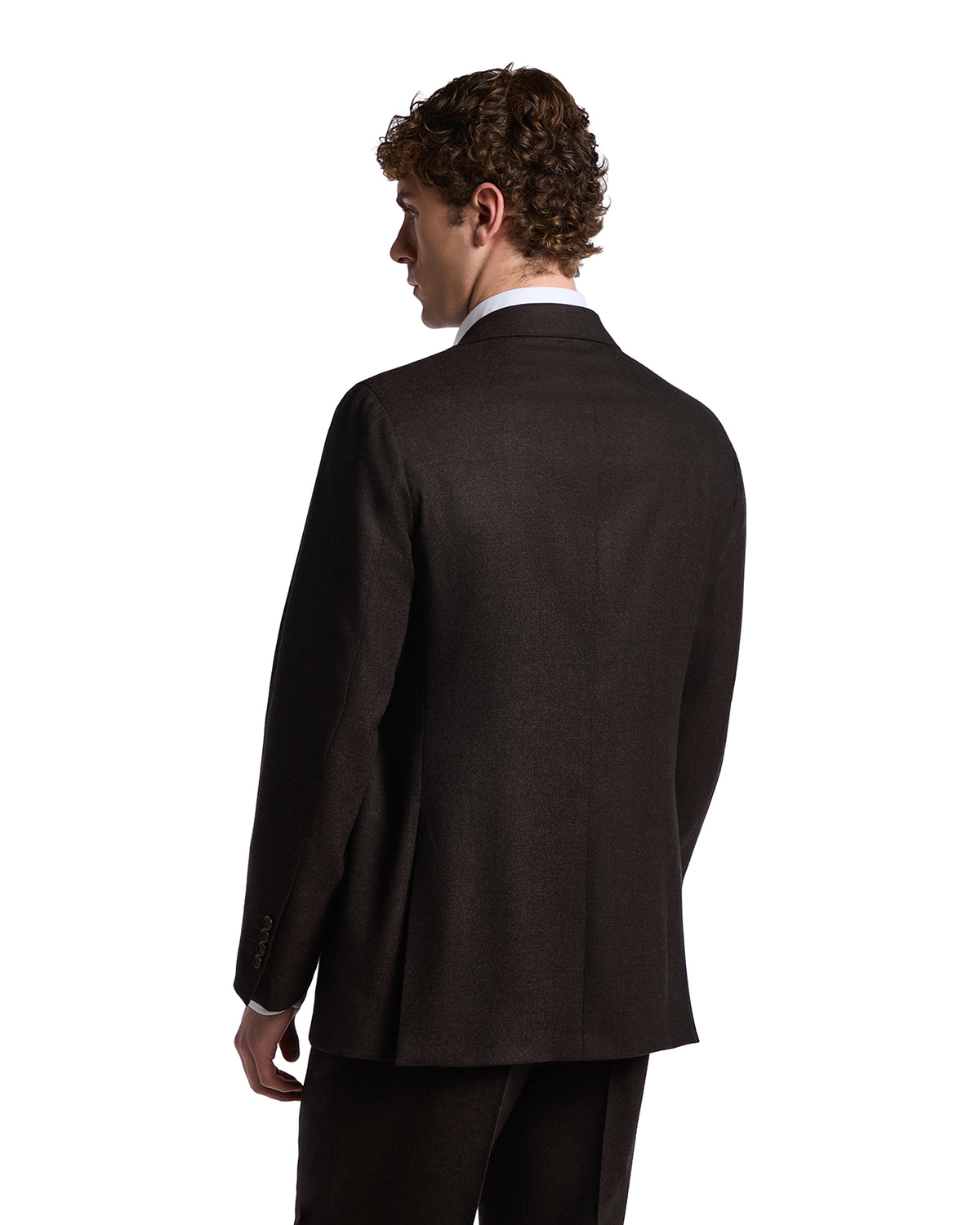 Men's brown wool suit jacket, tailored fit, single-breast design, perfect for formal occasions.