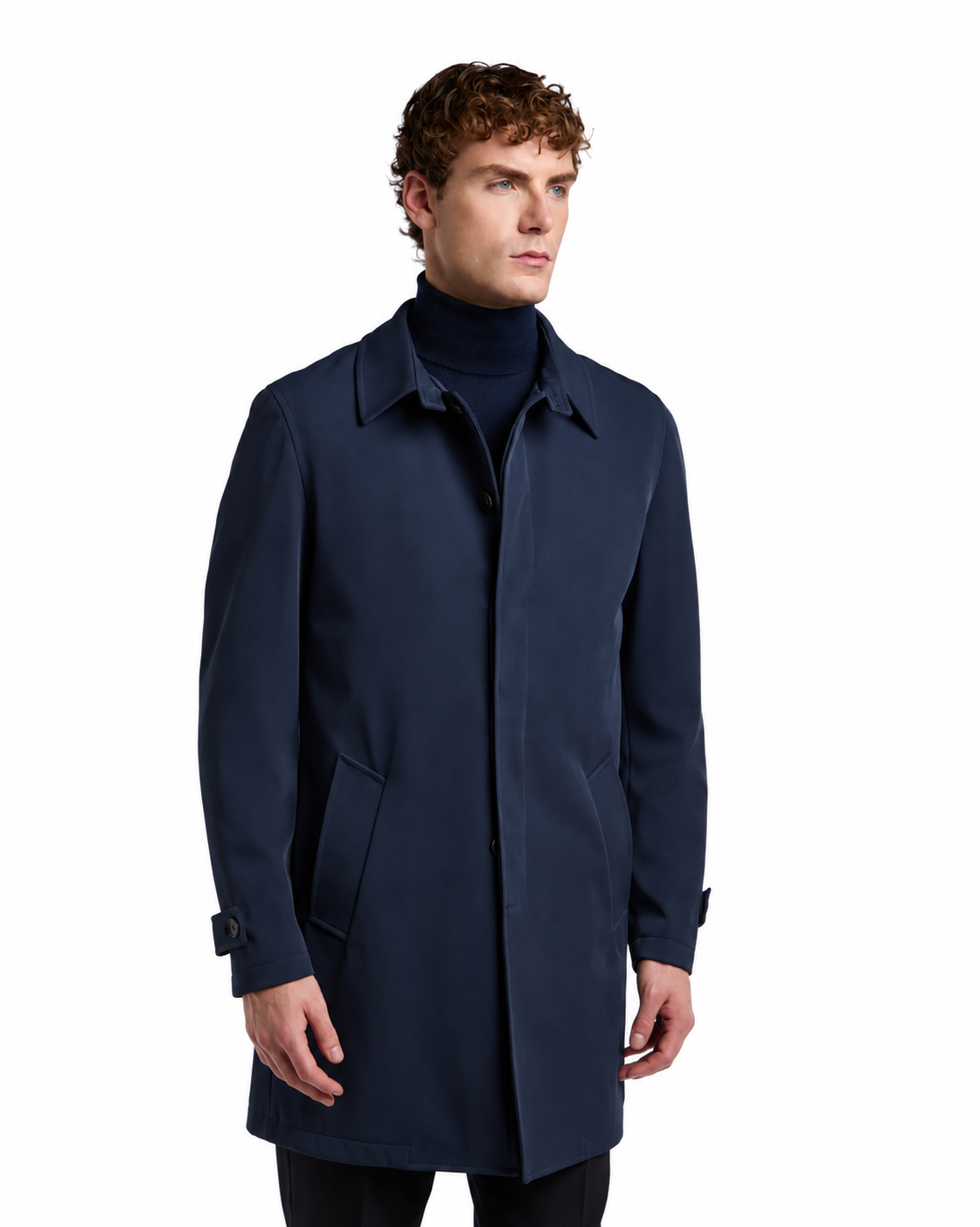 Men's navy blue trench coat in a sleek, modern design with button closure and side pockets, made from waterproof material.