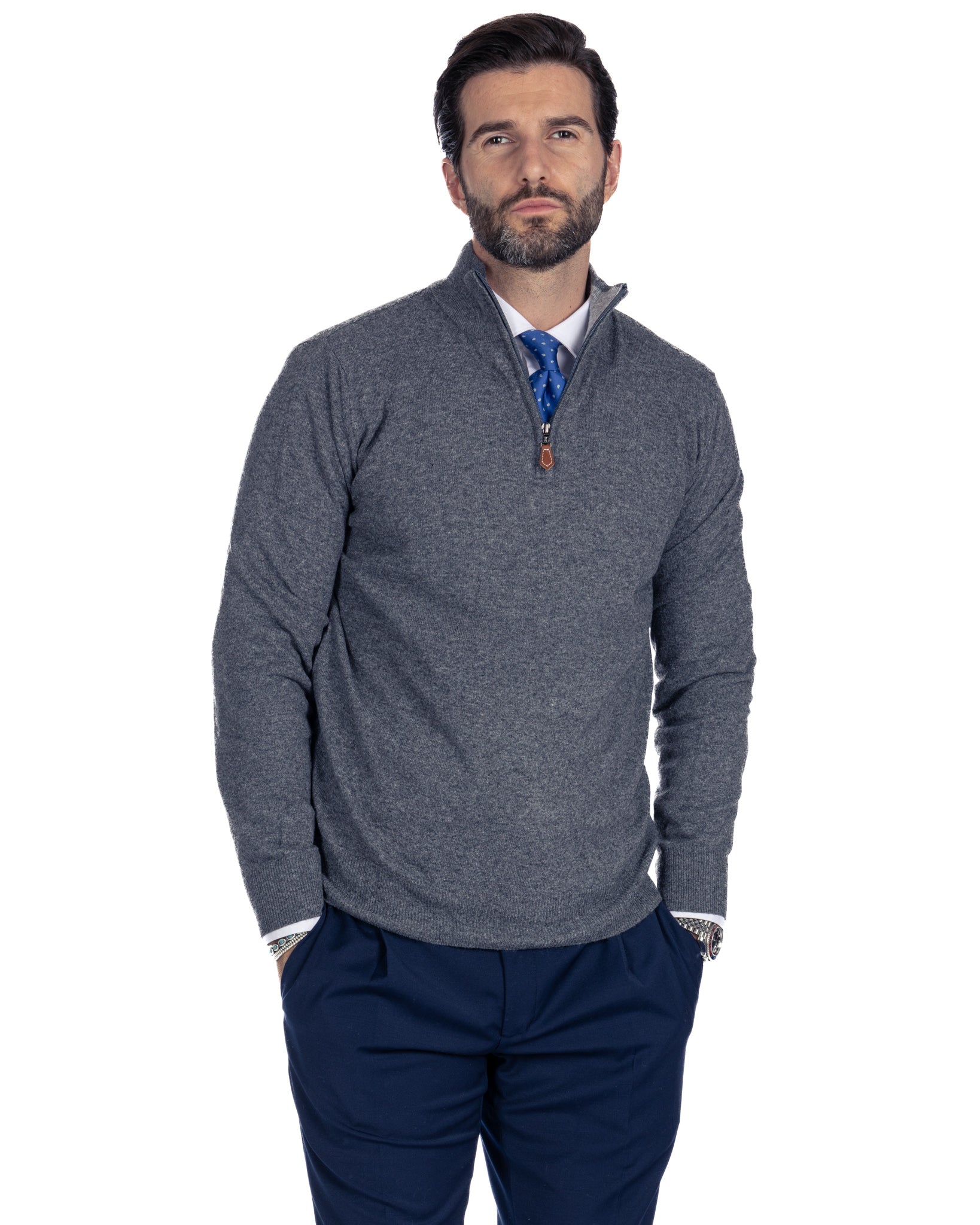 Rory - maglione antracite con zip in misto cachemire