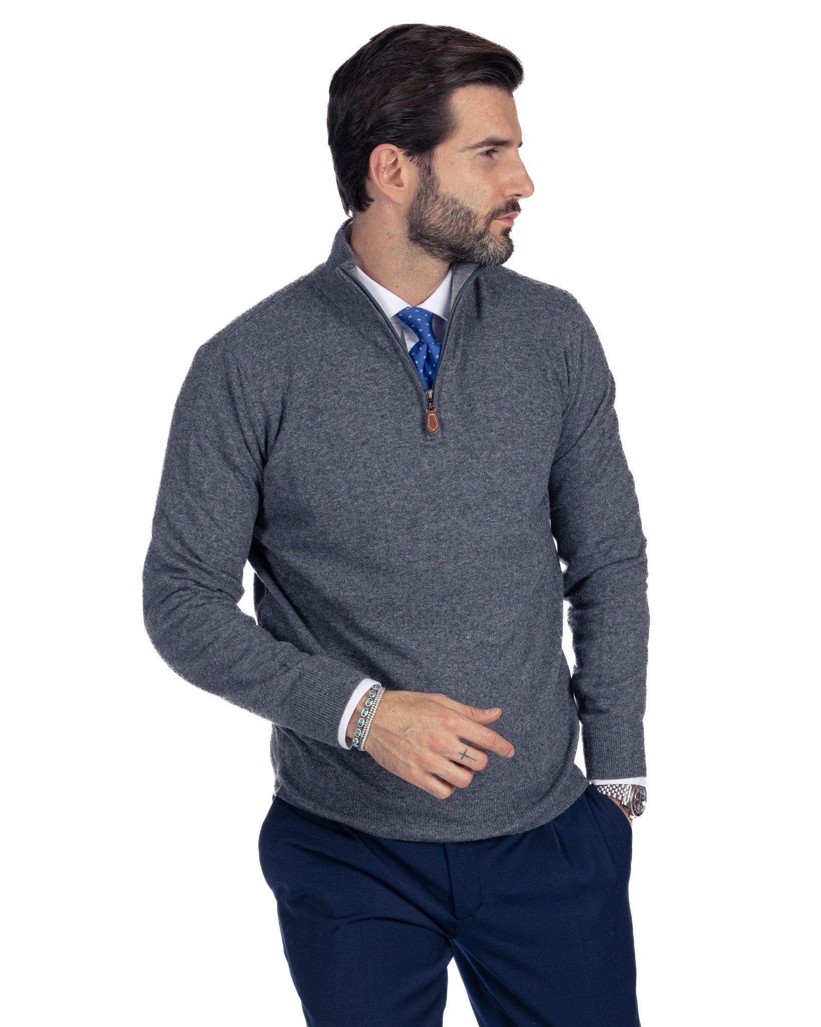 Rory - maglione antracite con zip in misto cachemire