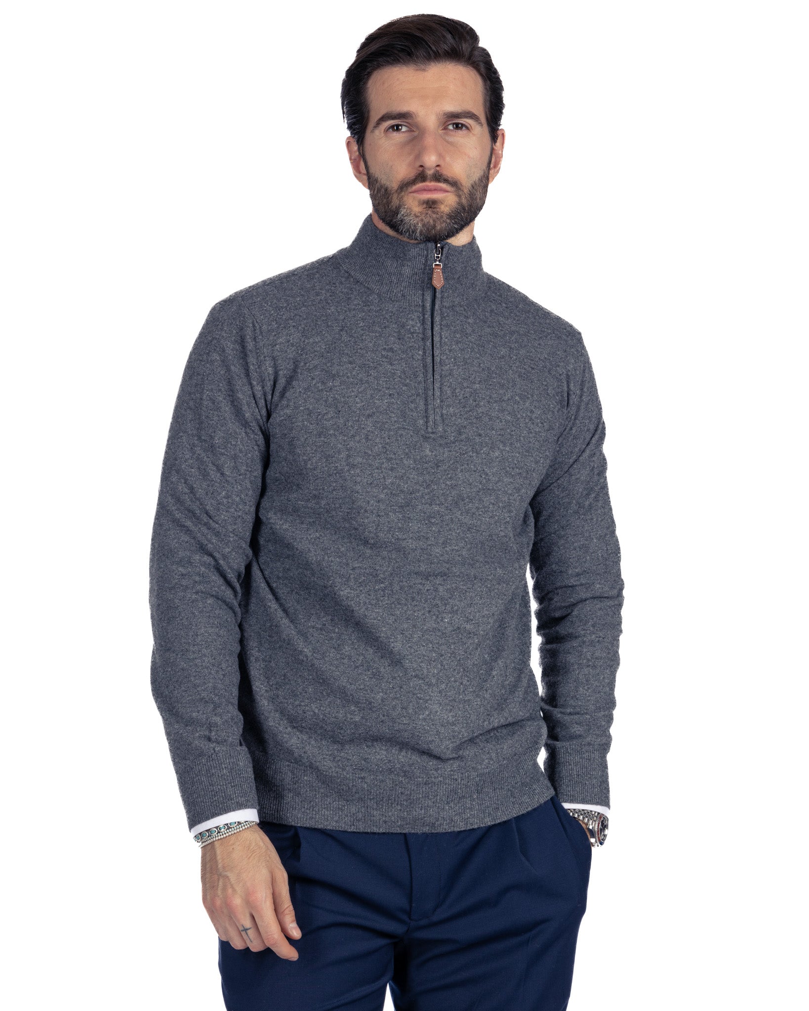 Rory - maglione antracite con zip in misto cachemire