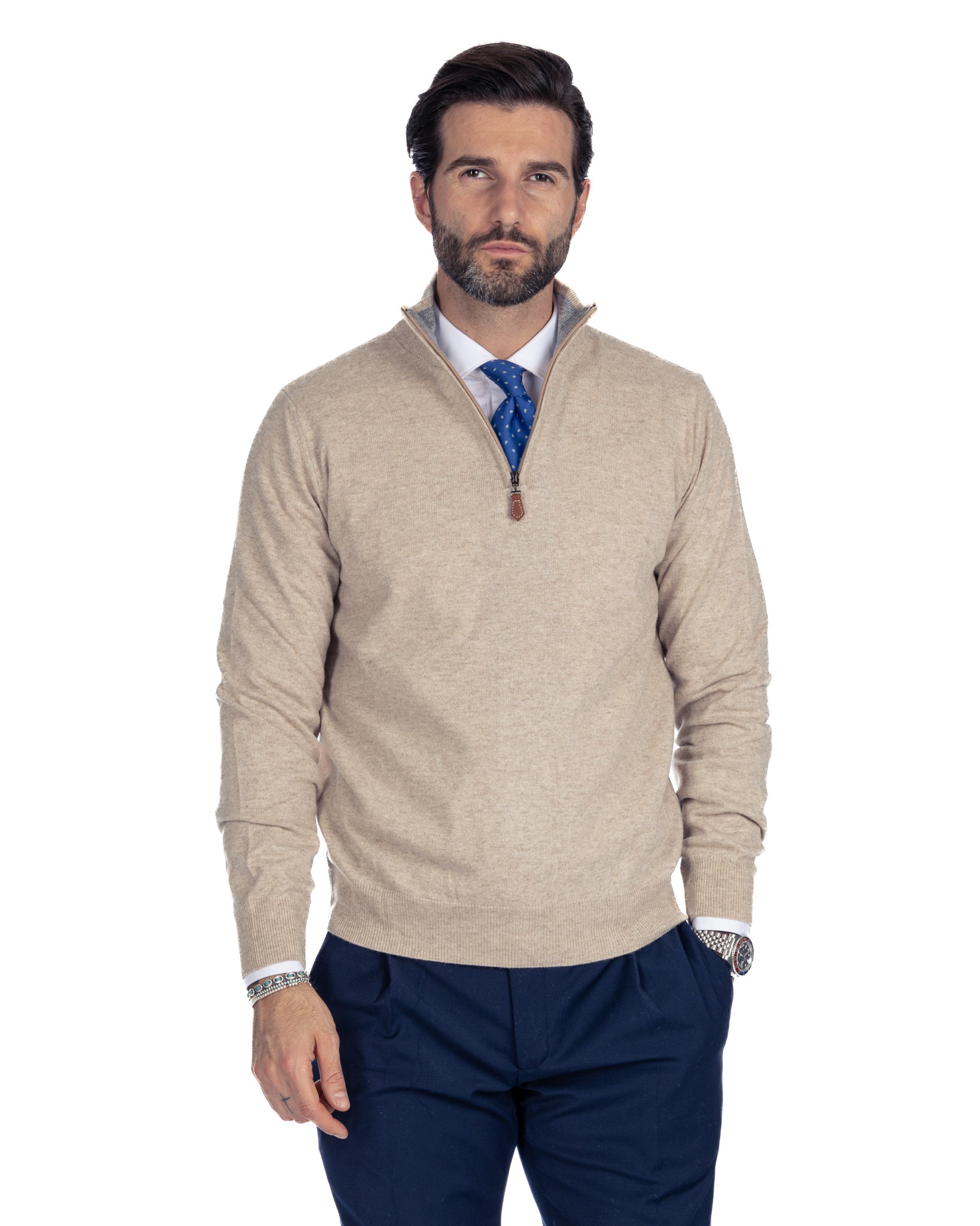 Rory - maglione beige con zip in misto cachemire