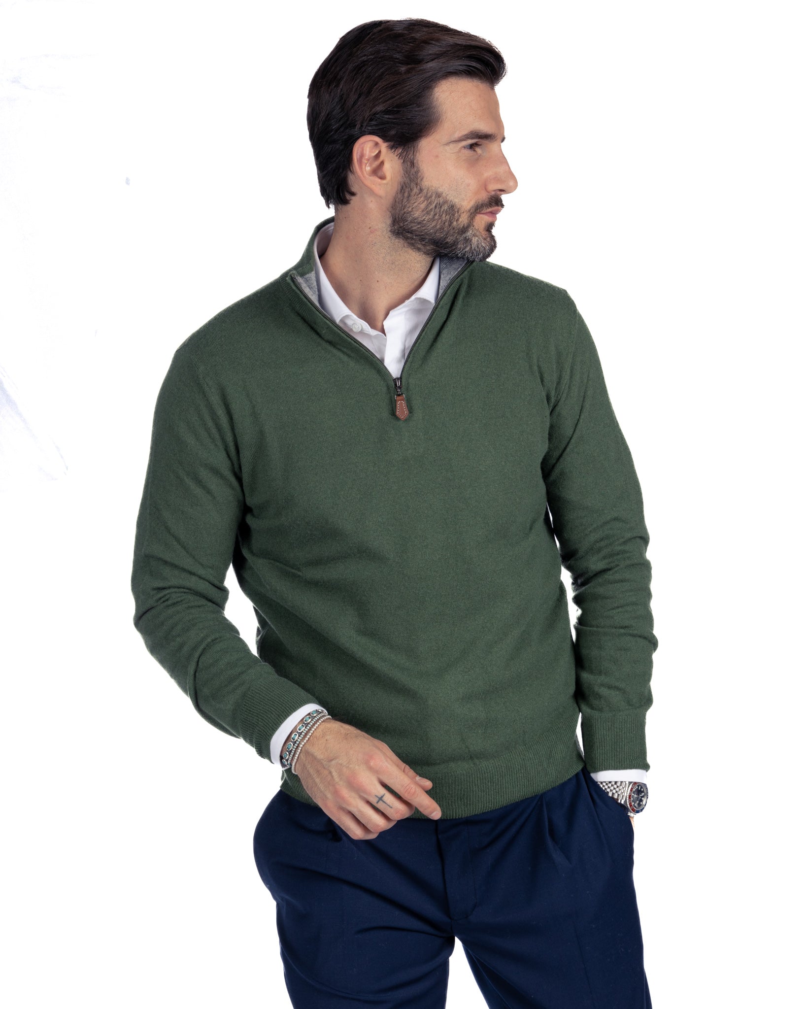 Rory - maglione verde con zip in misto cachemire