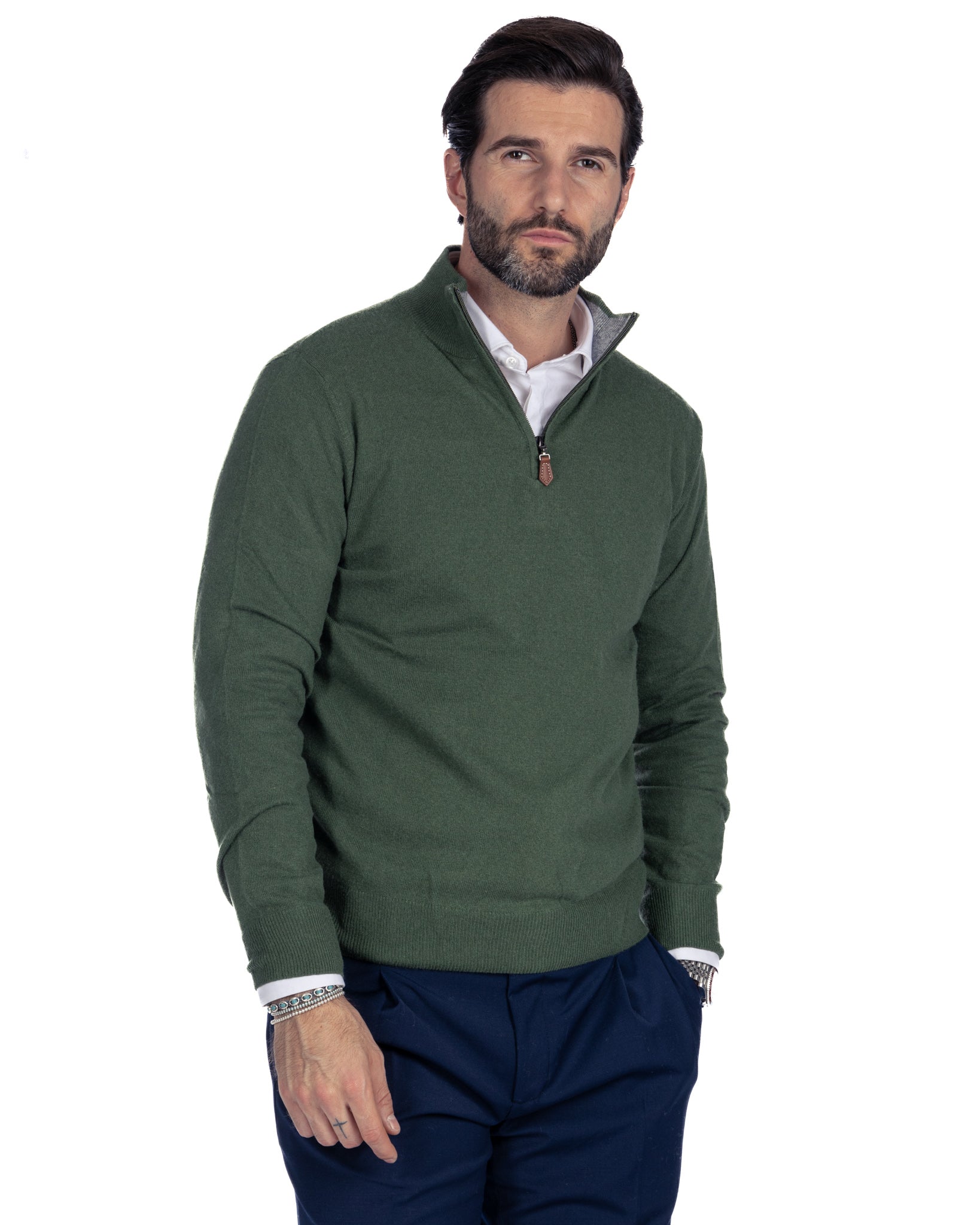 Rory - maglione verde con zip in misto cachemire