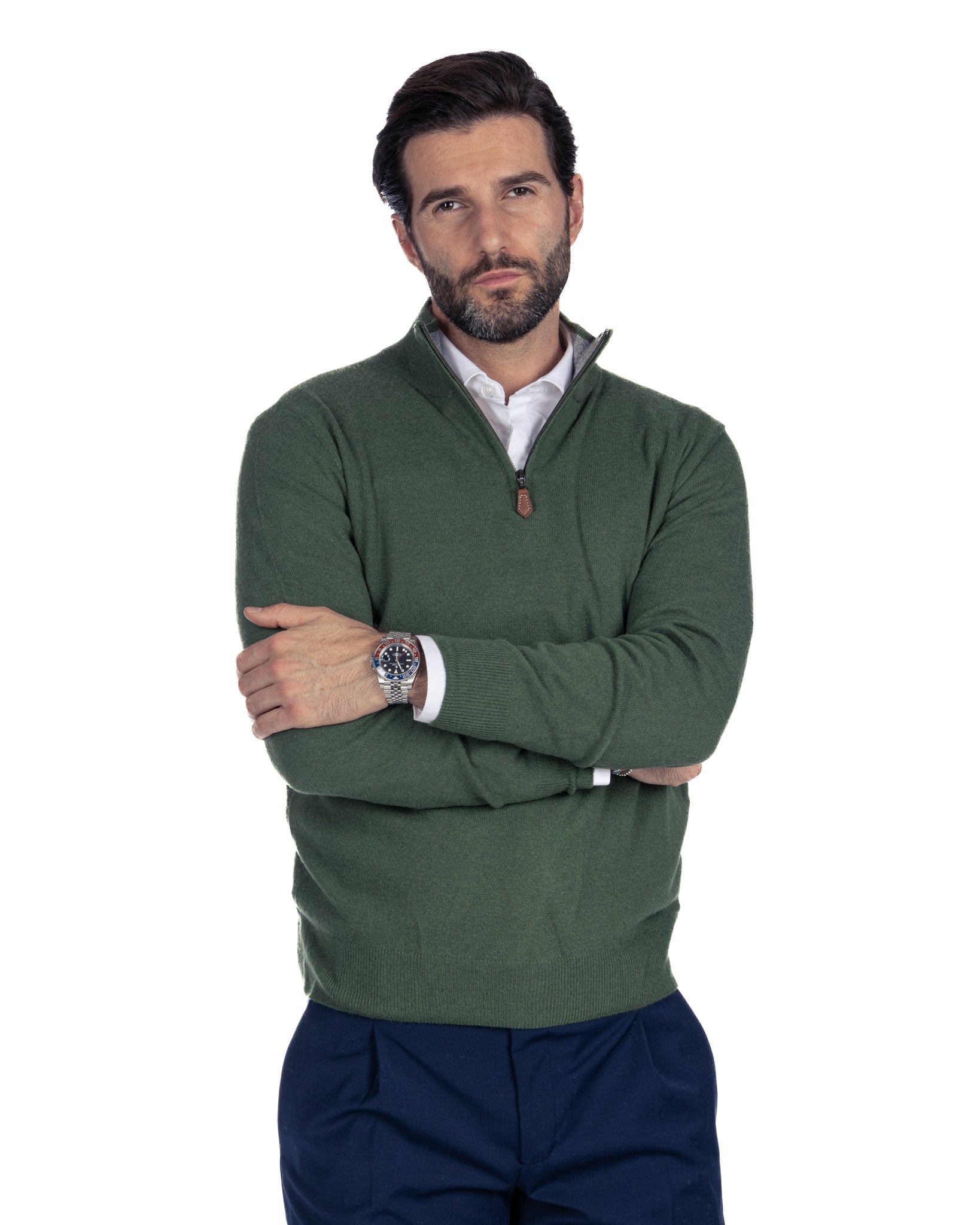 Rory - maglione verde con zip in misto cachemire