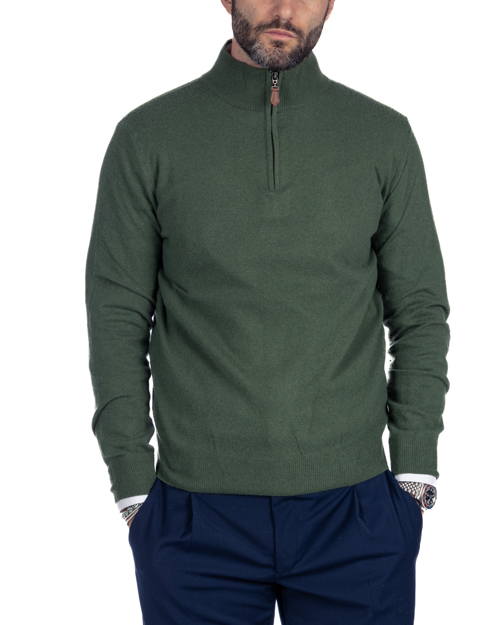 Rory - maglione verde con zip in misto cachemire