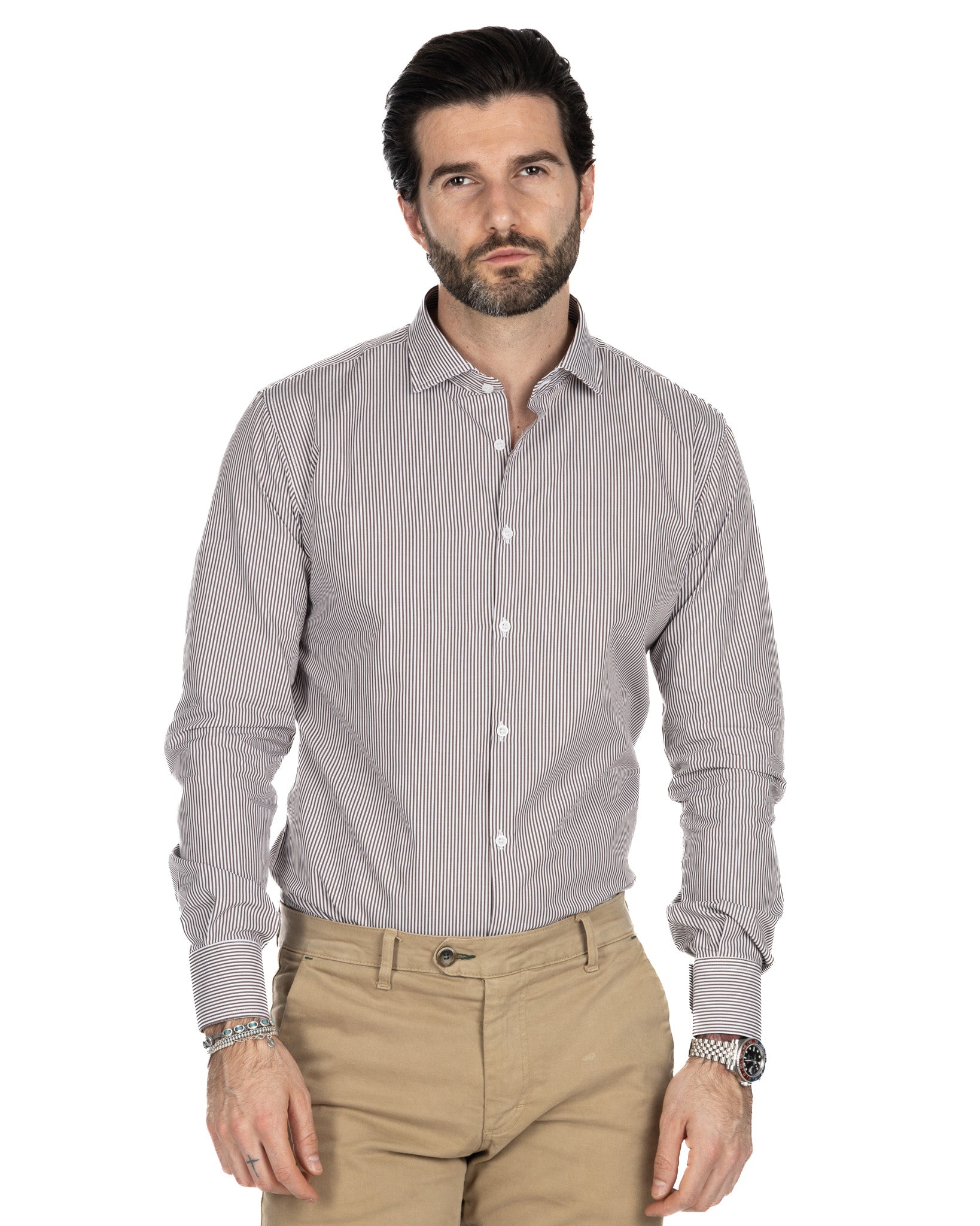 Camicia - slim fit riga stretta marrone