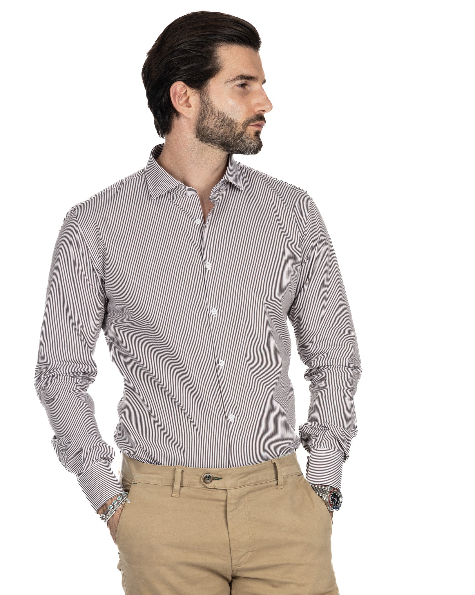 Camicia - slim fit riga stretta marrone