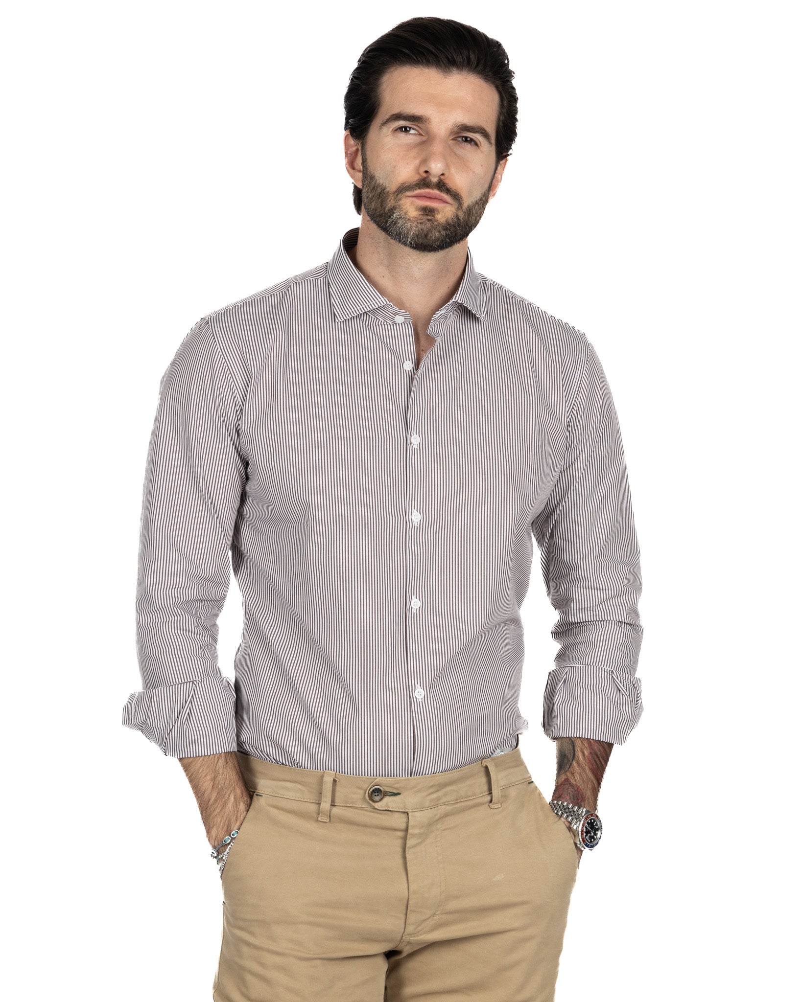 Camicia - slim fit riga stretta marrone