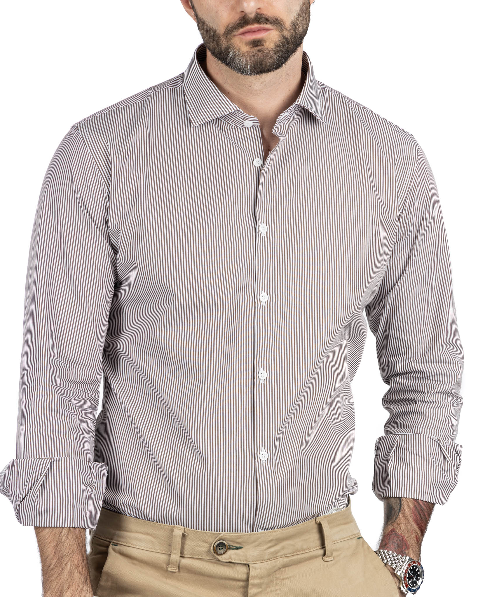 Camicia - slim fit riga stretta marrone