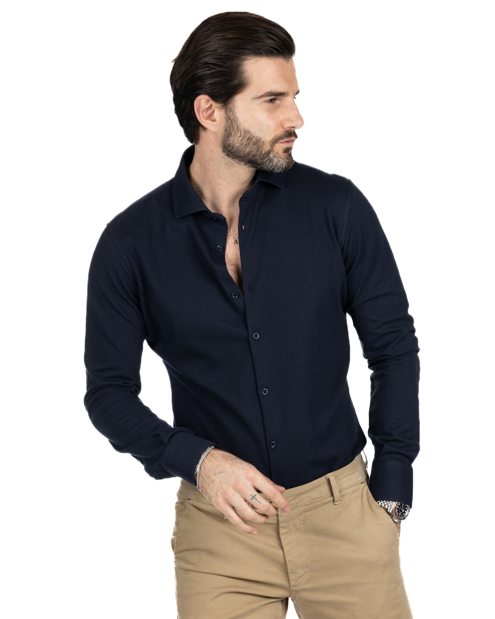 Shirt - slim fit navy blue jersey