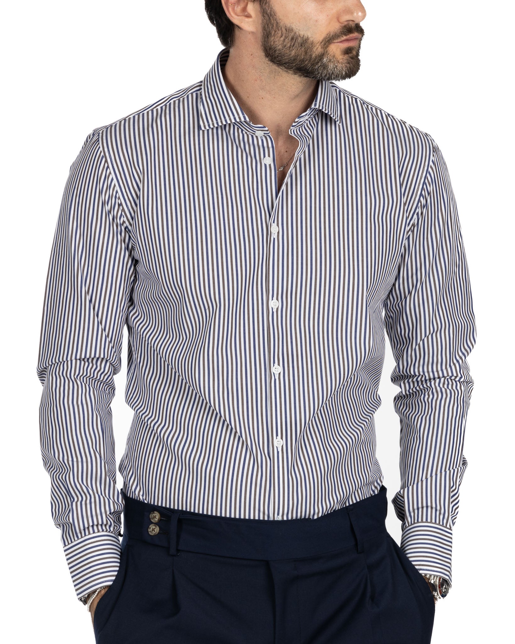 Camicia - slim fit righe marrone e blu