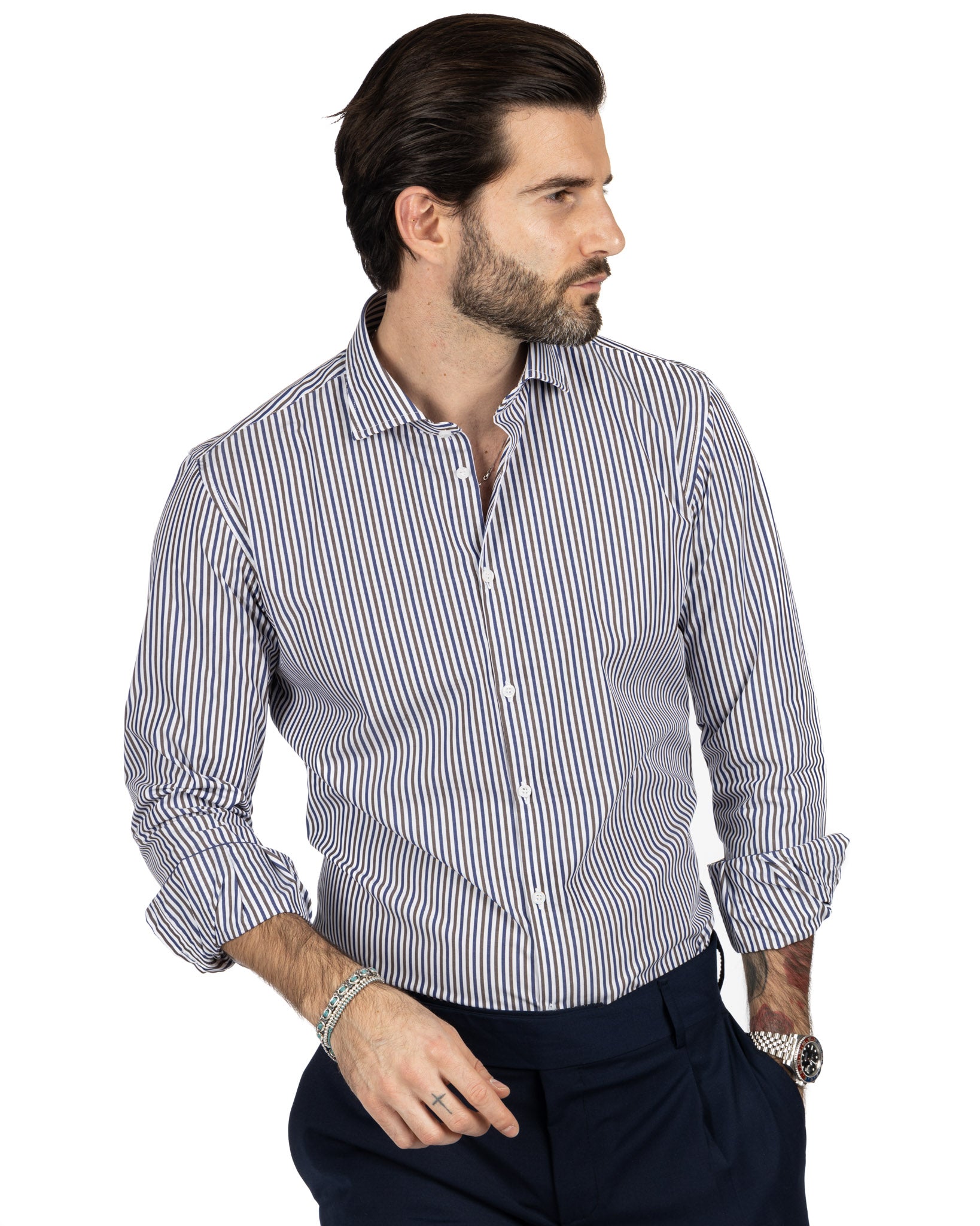 Camicia - slim fit righe marrone e blu