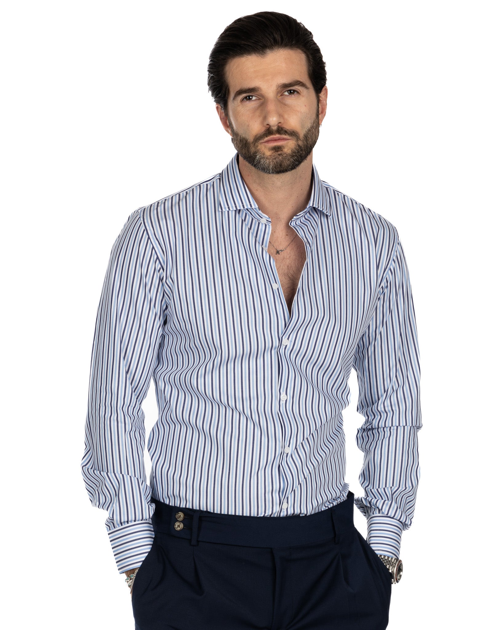 Camicia - slim fit righe azzurre e blu