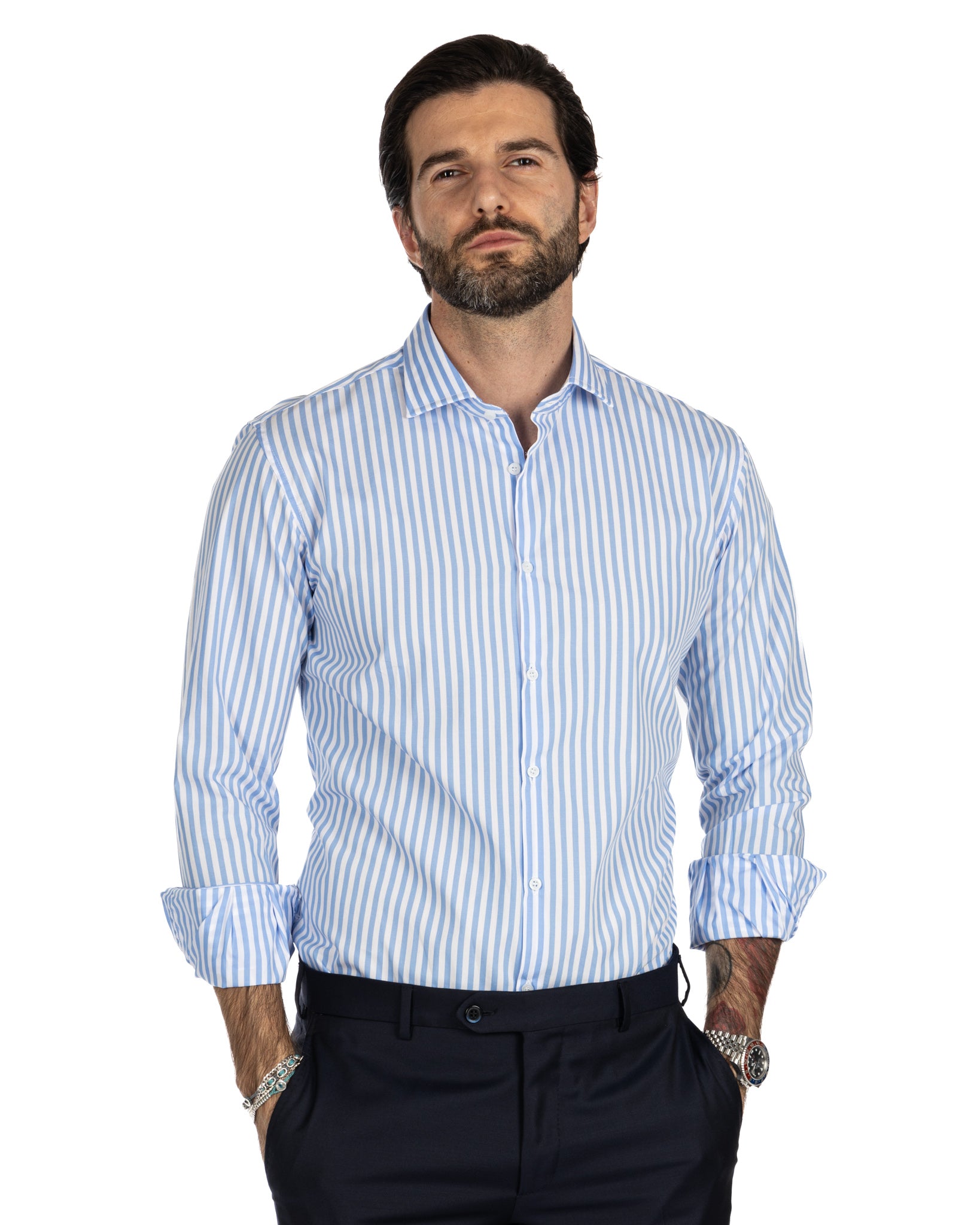 Camicia - slim fit righe medie azzurre