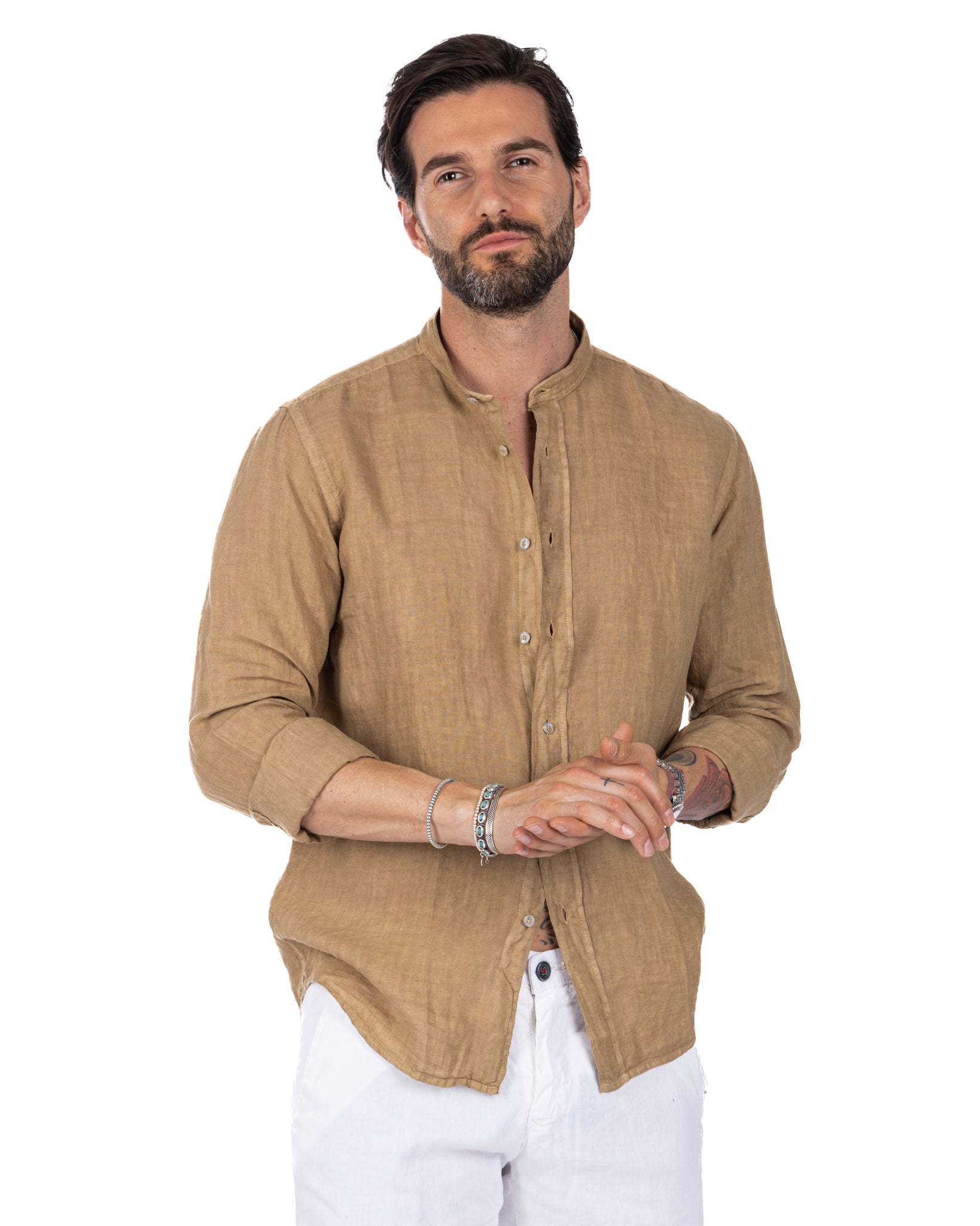 Nizza - camicia coreana in puro lino beige