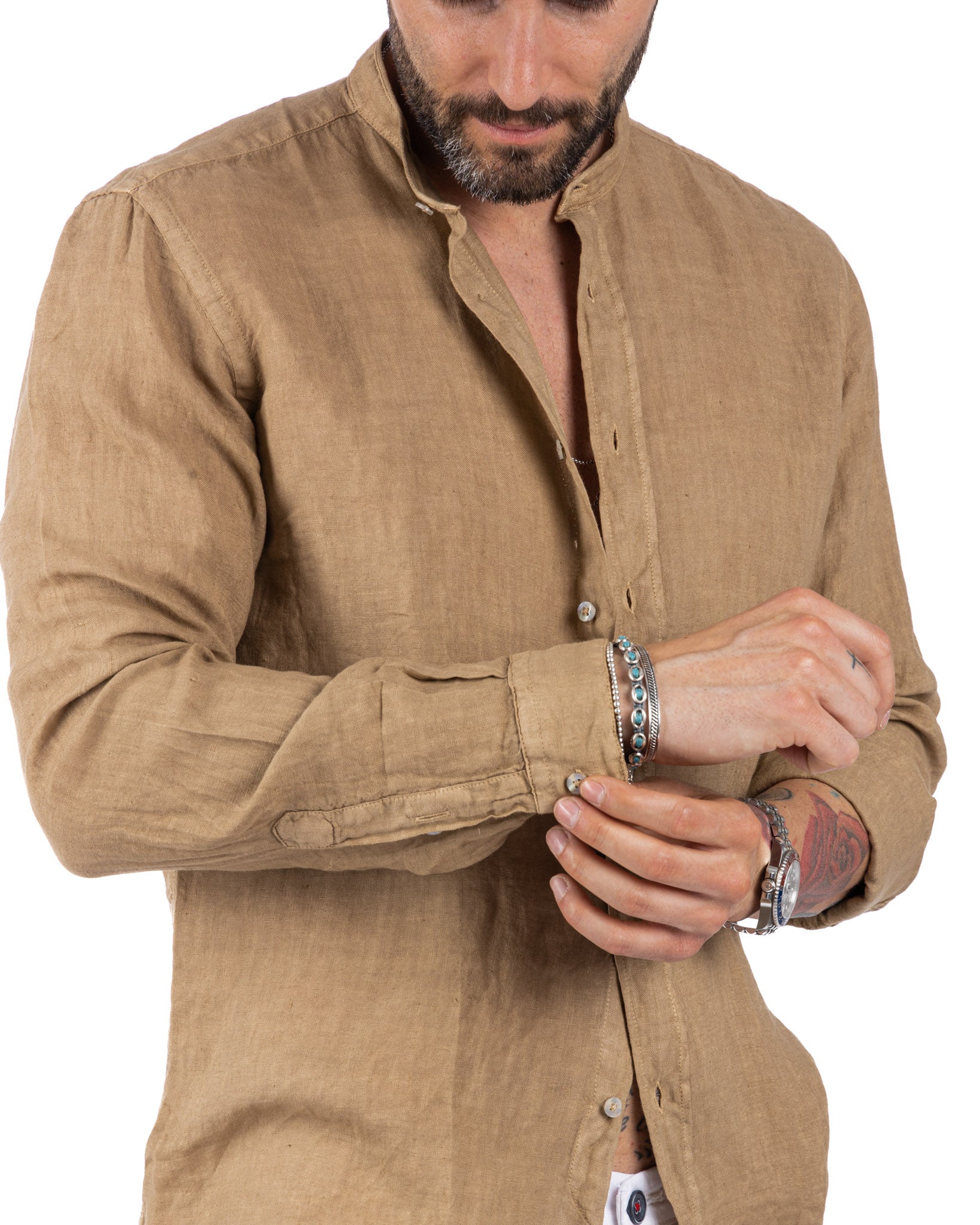 Nizza - camicia coreana in puro lino beige