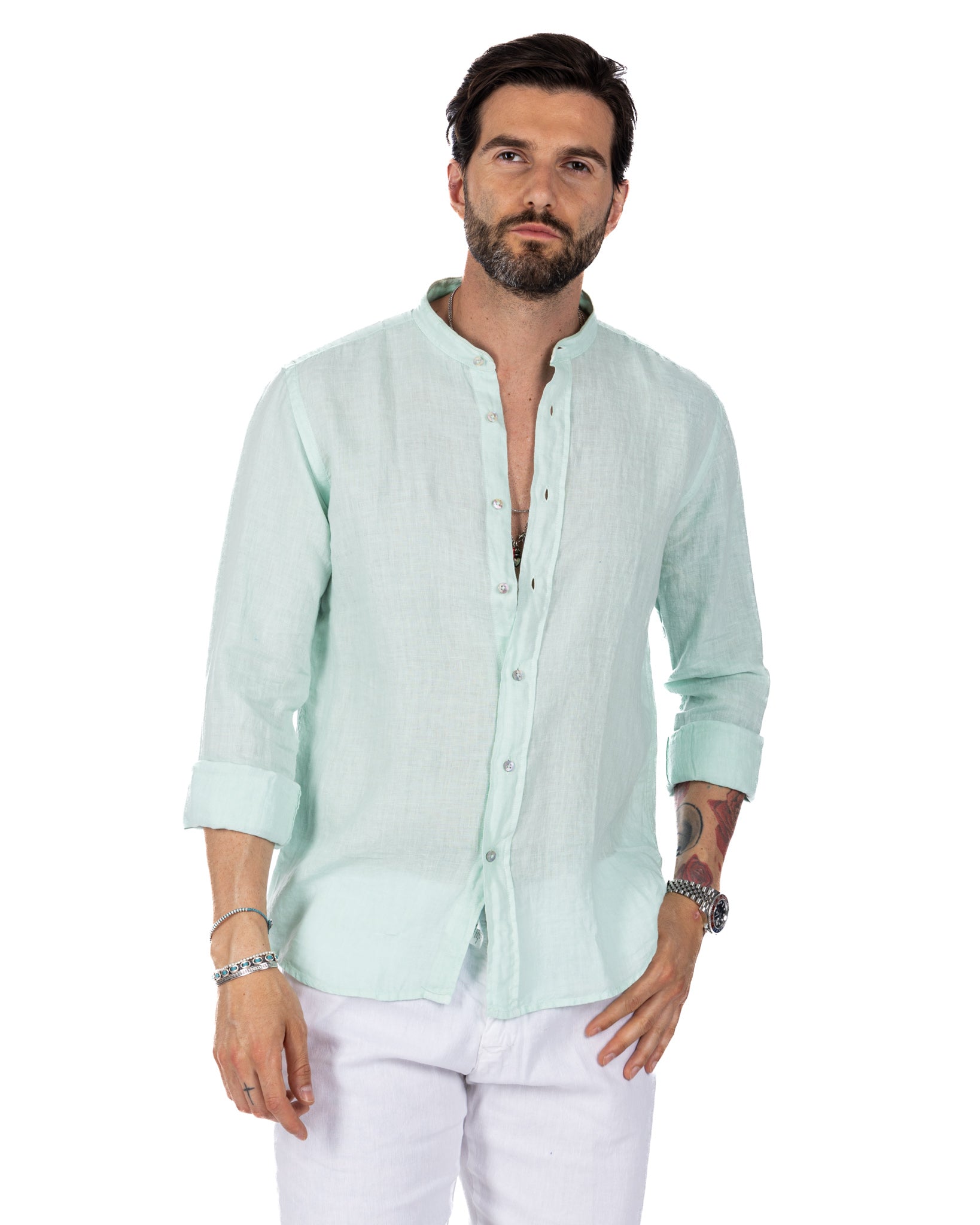 Nizza - camicia coreana in puro lino verde acqua