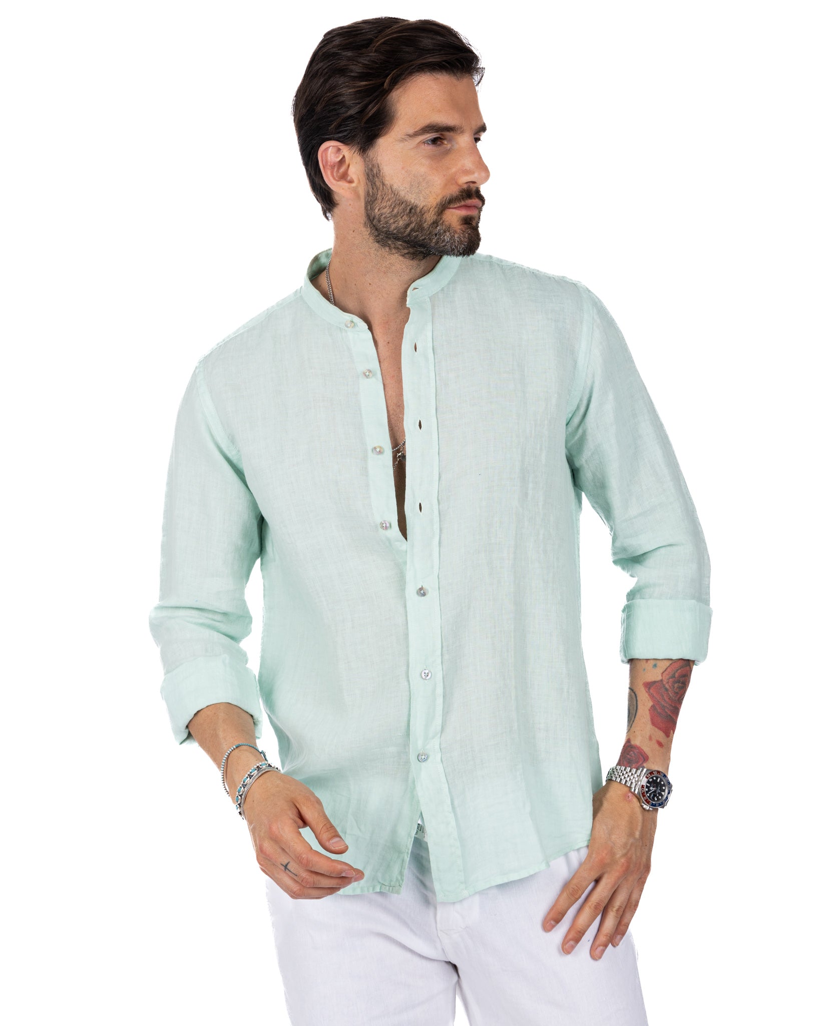 Nizza - camicia coreana in puro lino verde acqua