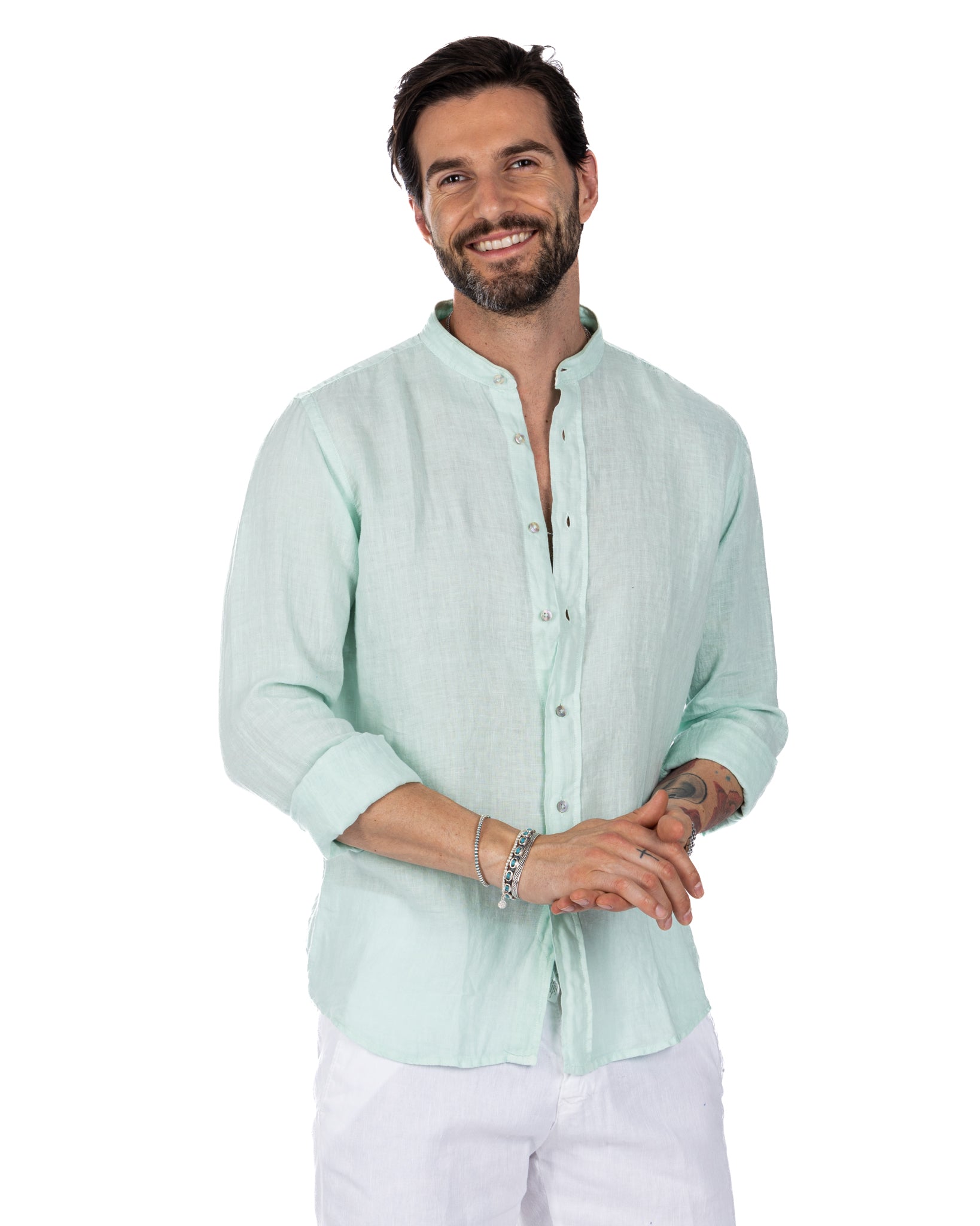 Nizza - camicia coreana in puro lino verde acqua