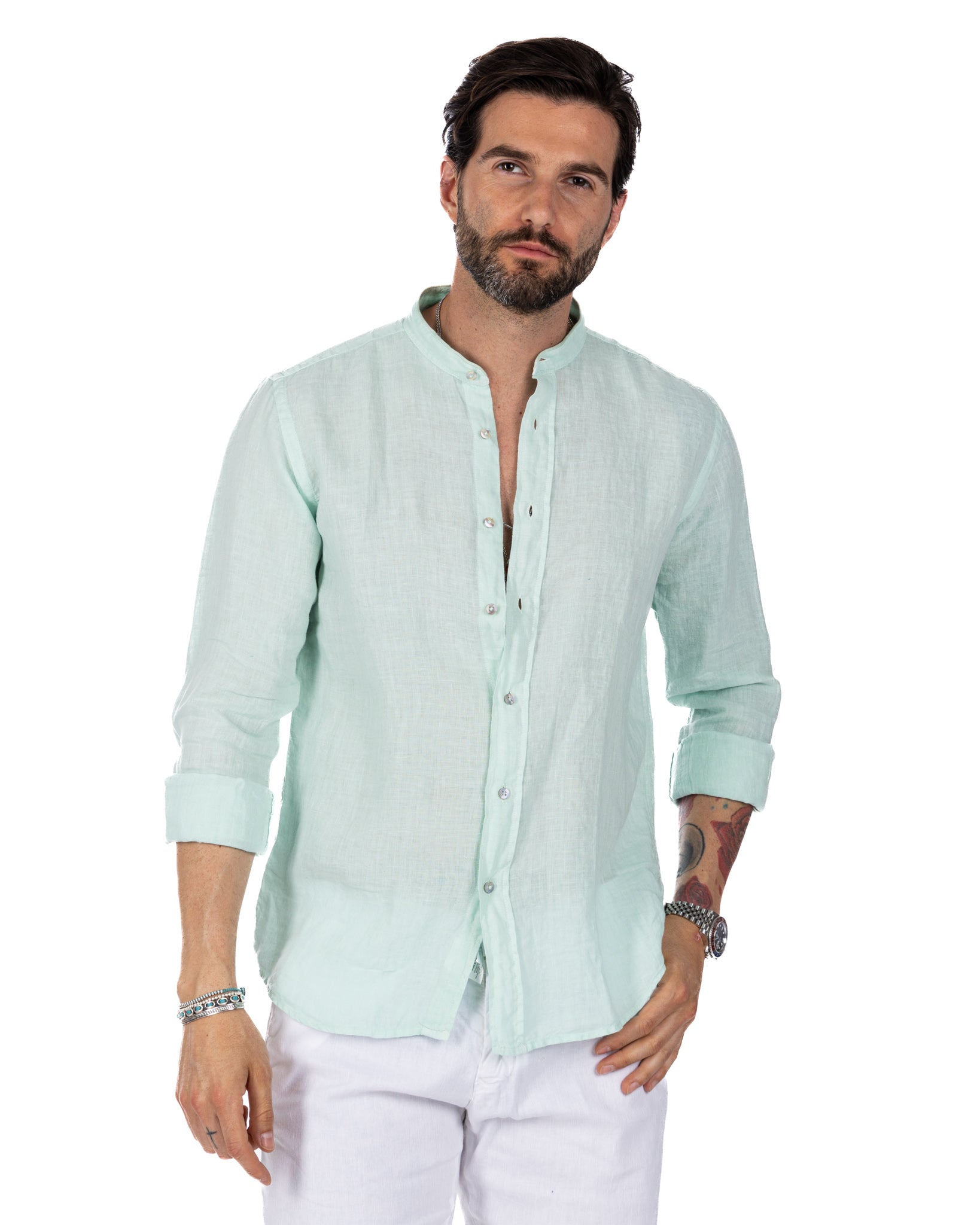 Nizza - camicia coreana in puro lino verde acqua