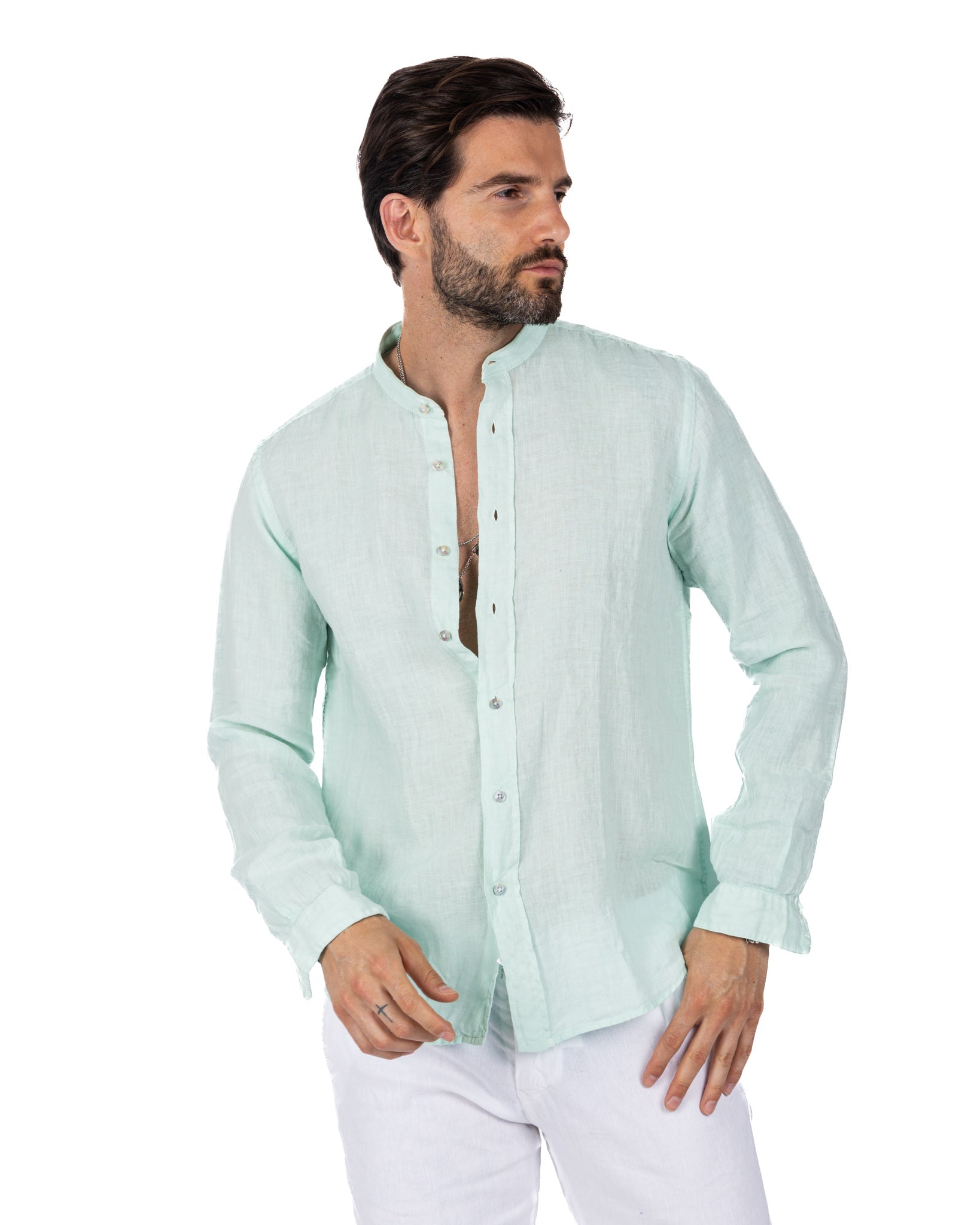 Nizza - camicia coreana in puro lino verde acqua