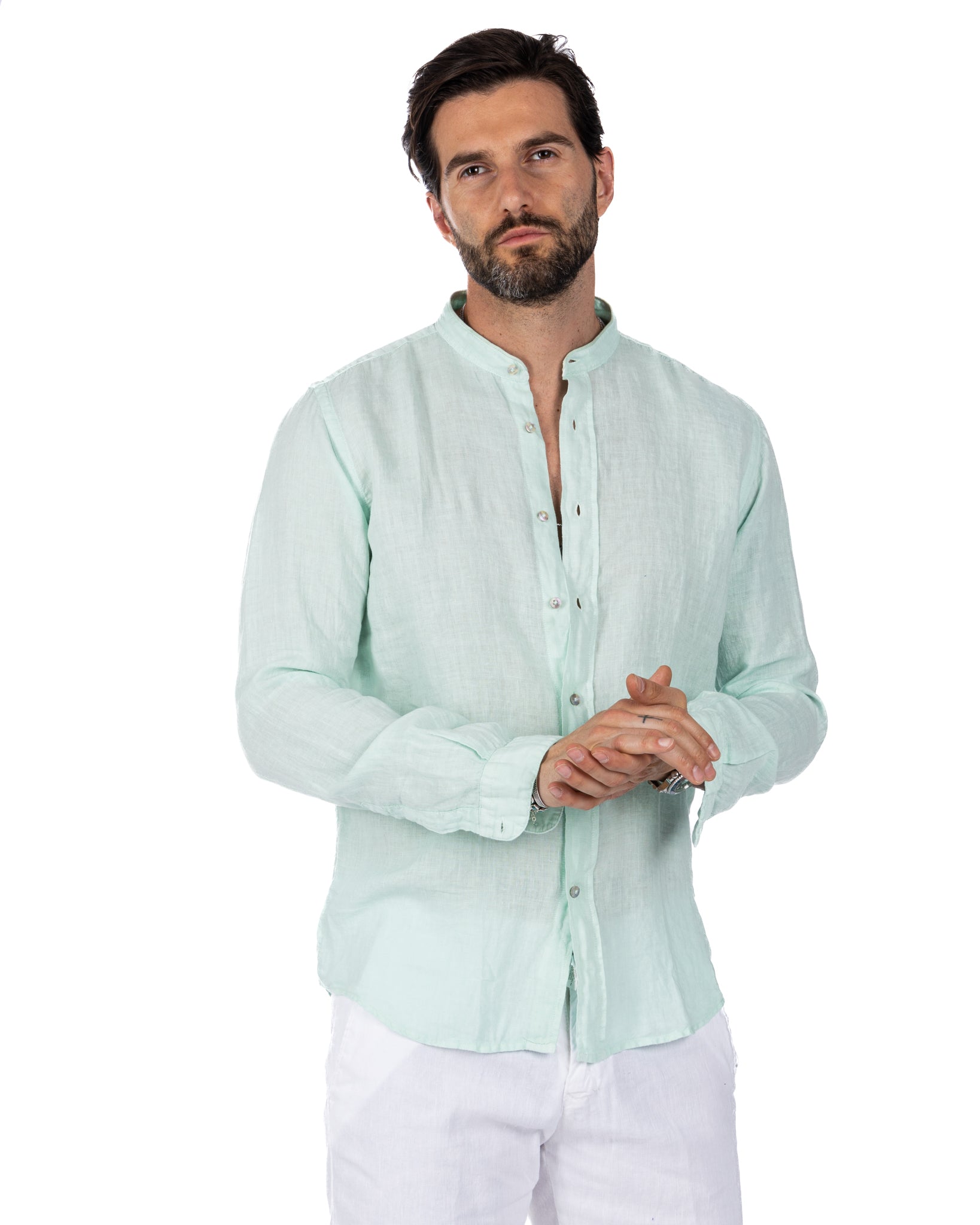 Nizza - camicia coreana in puro lino verde acqua