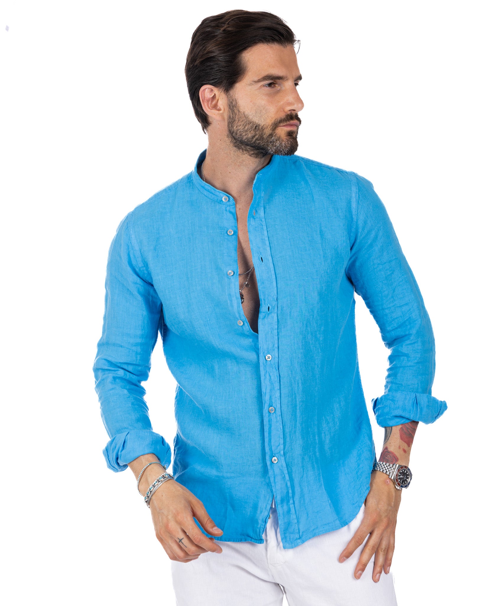 Nizza - camicia coreana in puro lino turchese