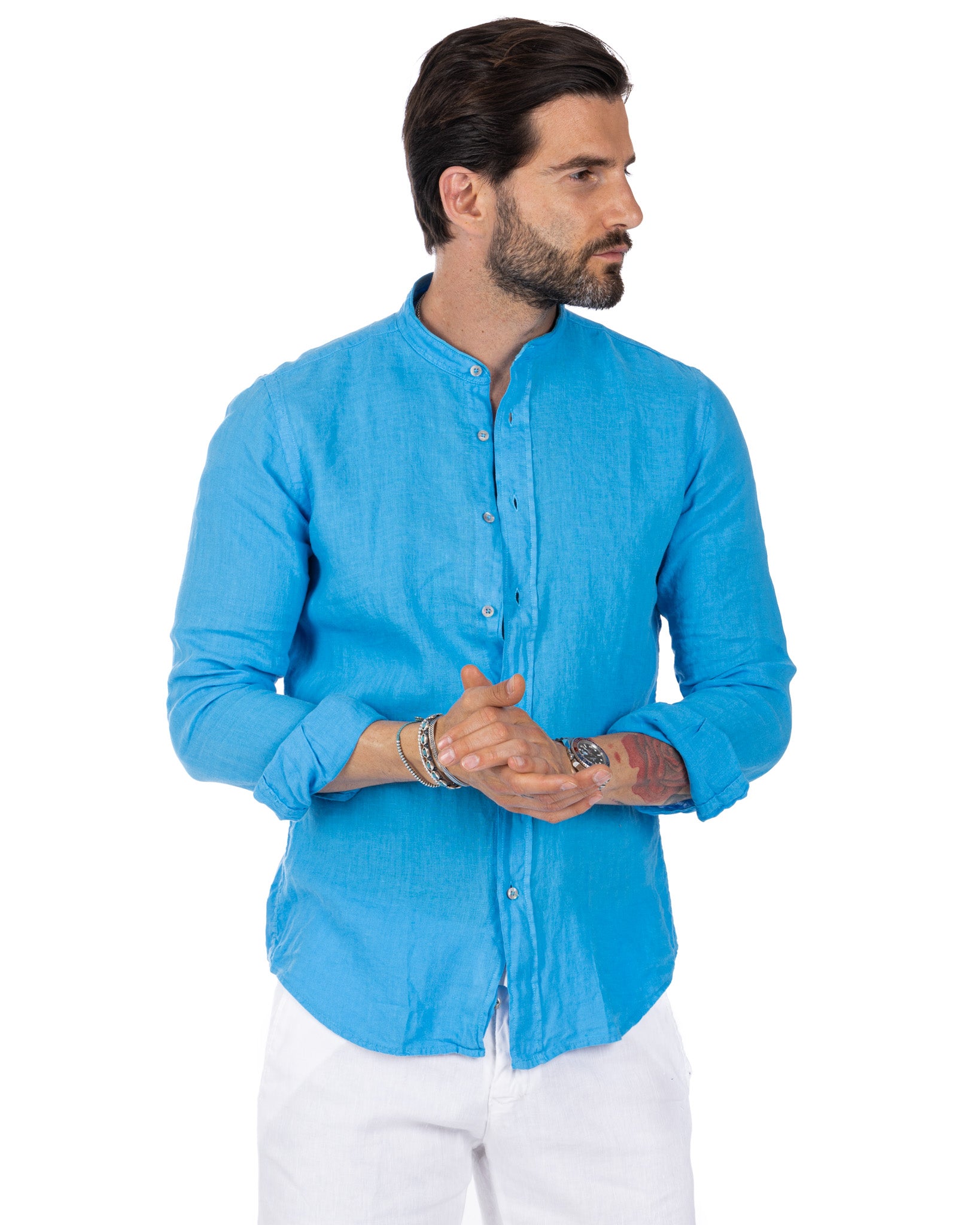 Nizza - camicia coreana in puro lino turchese