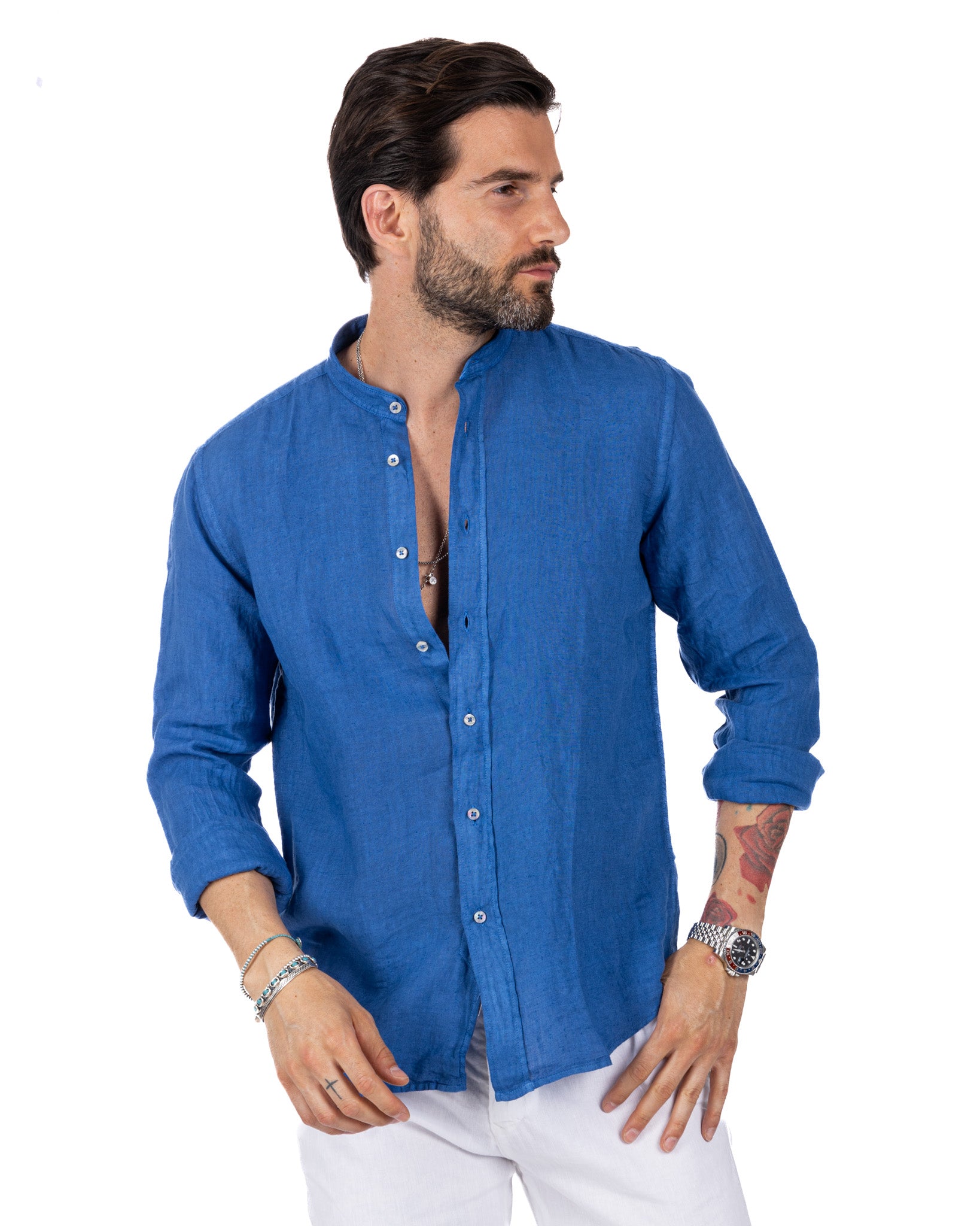 Nizza - camicia coreana in puro lino royal