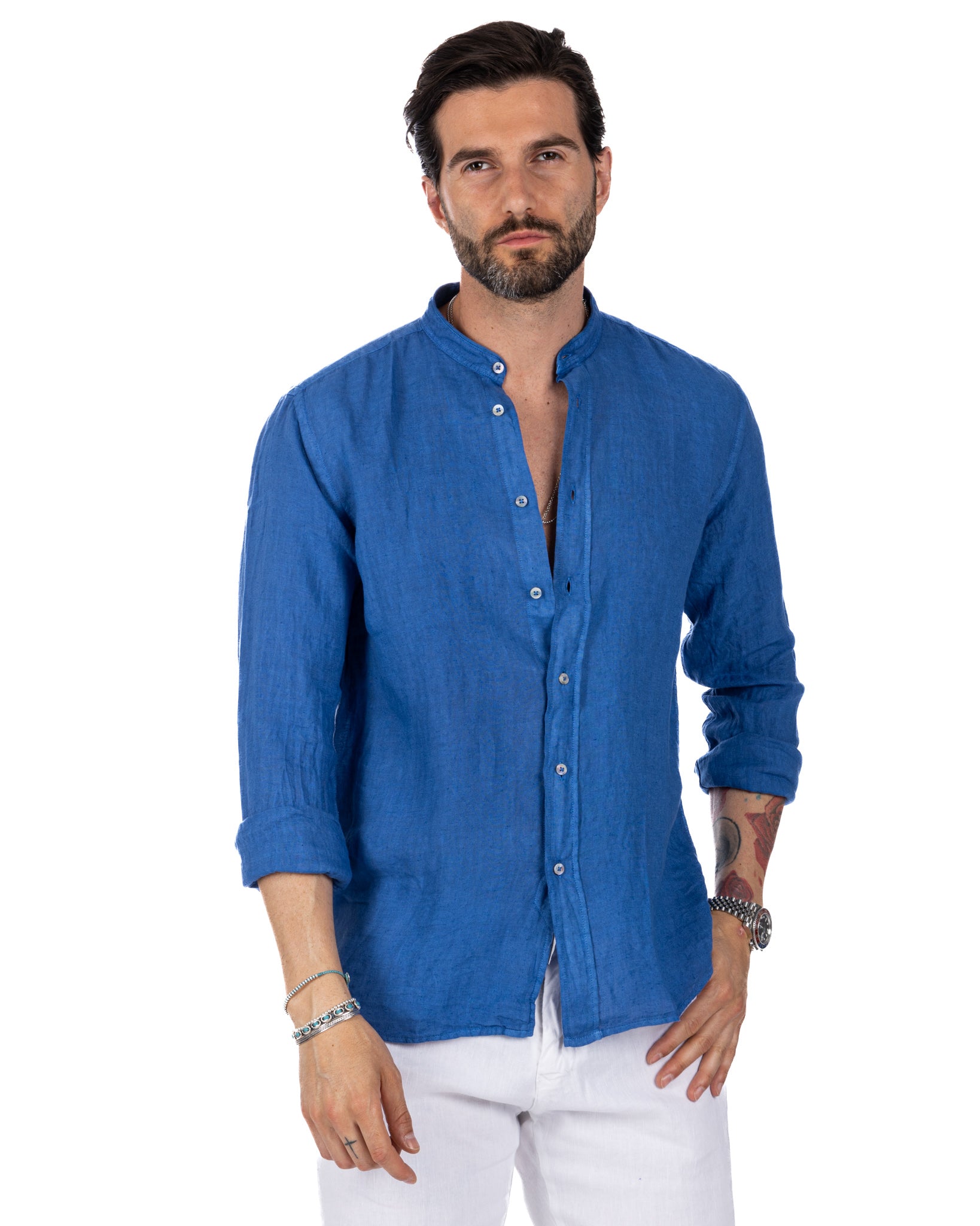 Nizza - camicia coreana in puro lino royal