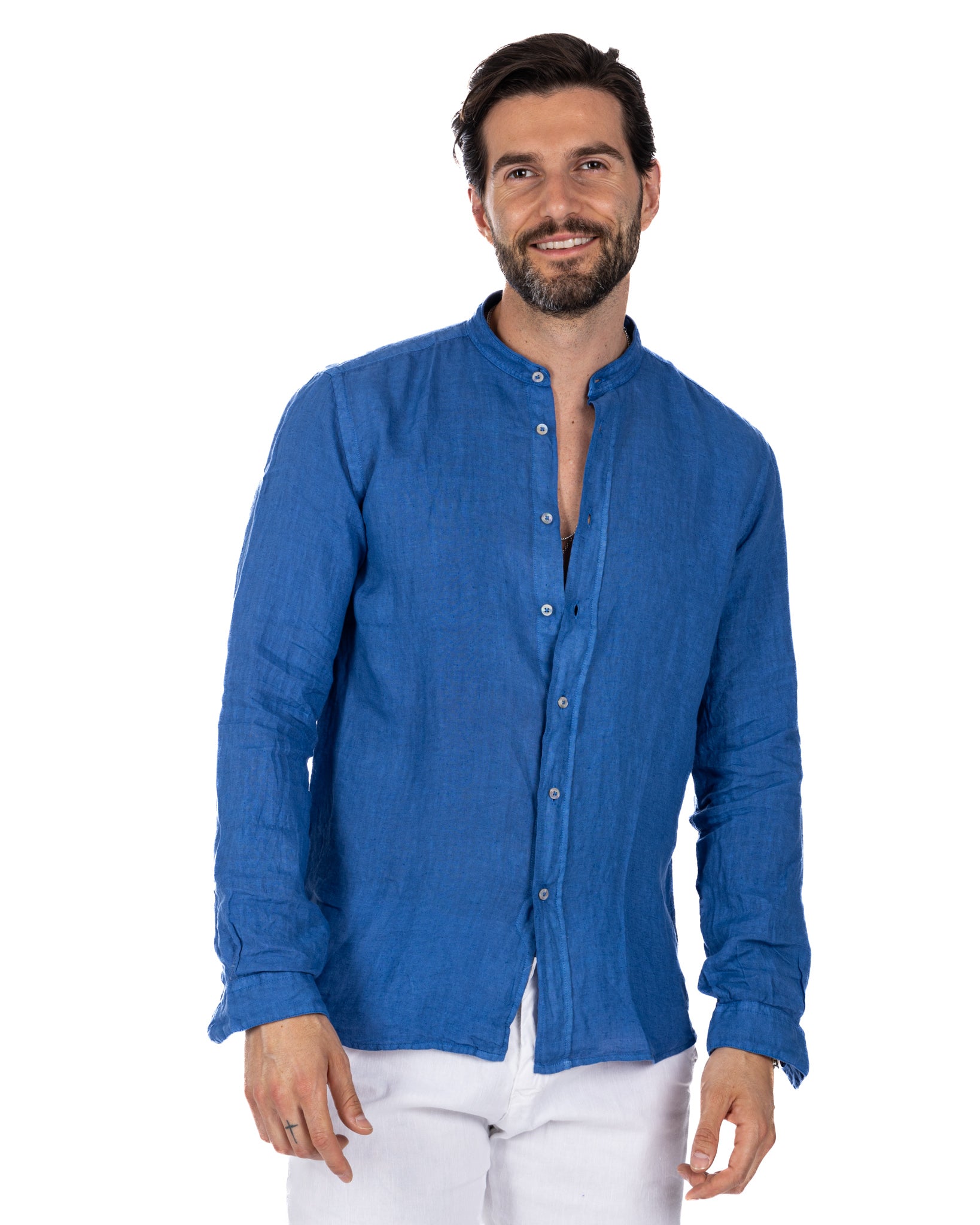 Nizza - camicia coreana in puro lino royal