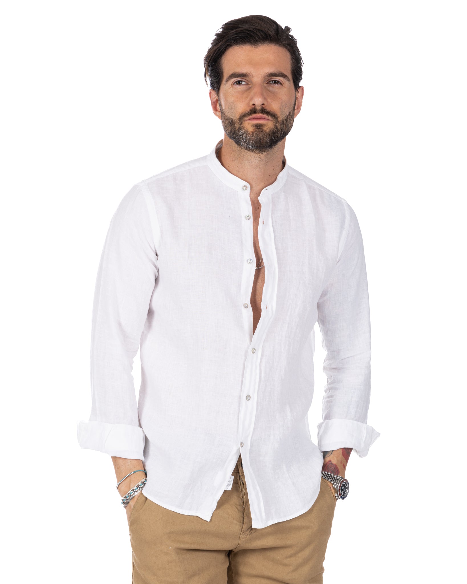 Nizza - camicia coreana in puro lino bianco