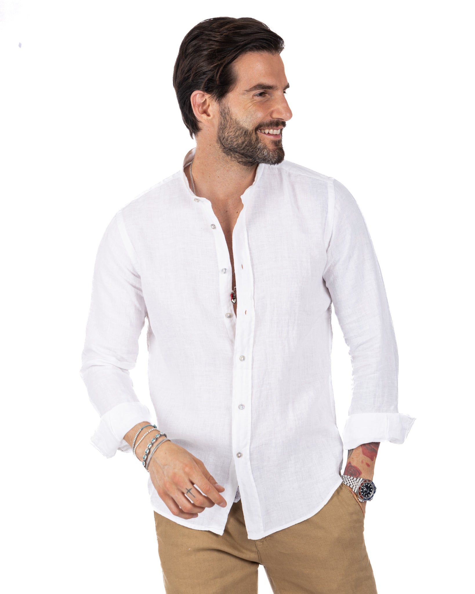 Nizza - camicia coreana in puro lino bianco