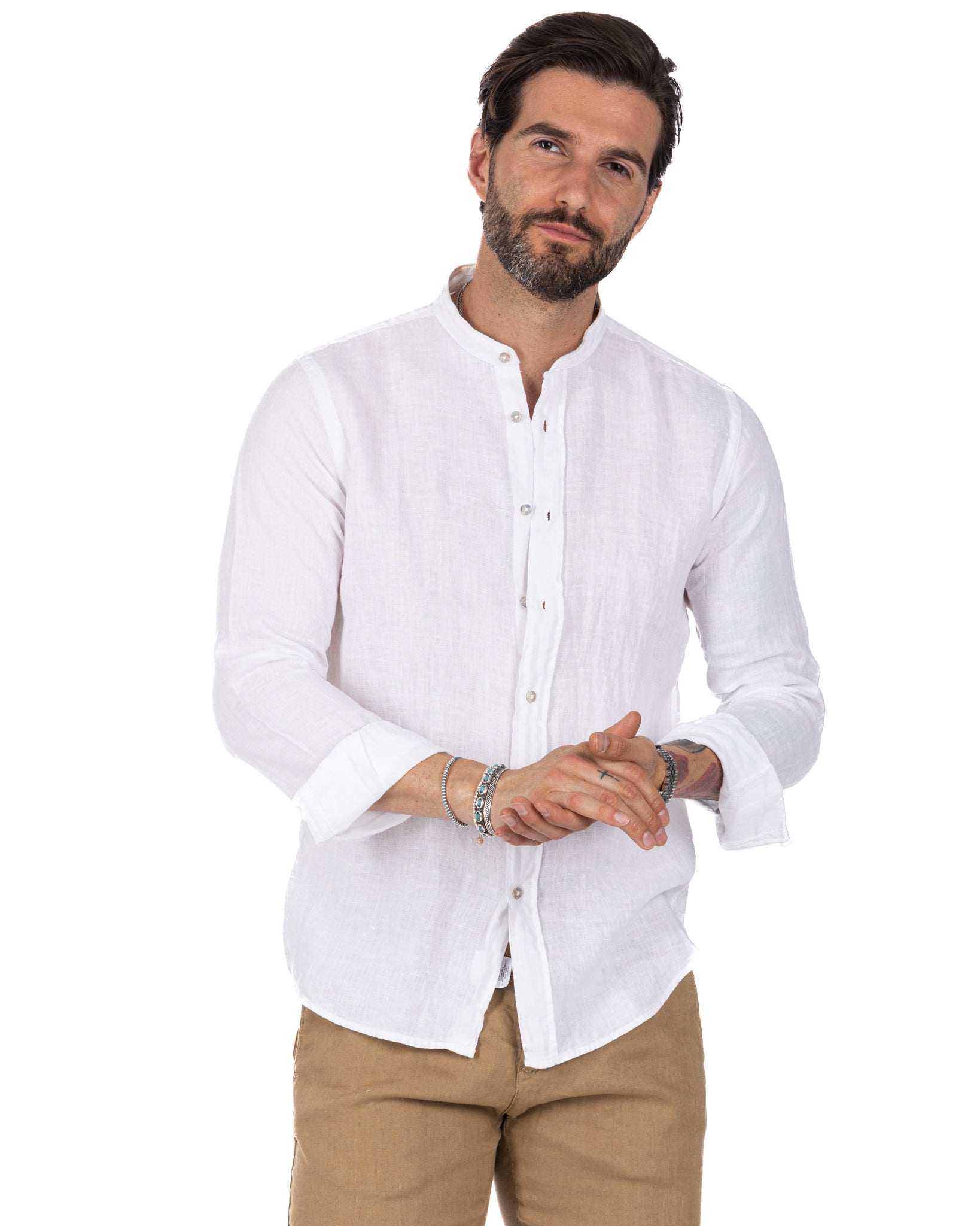 Nizza - camicia coreana in puro lino bianco