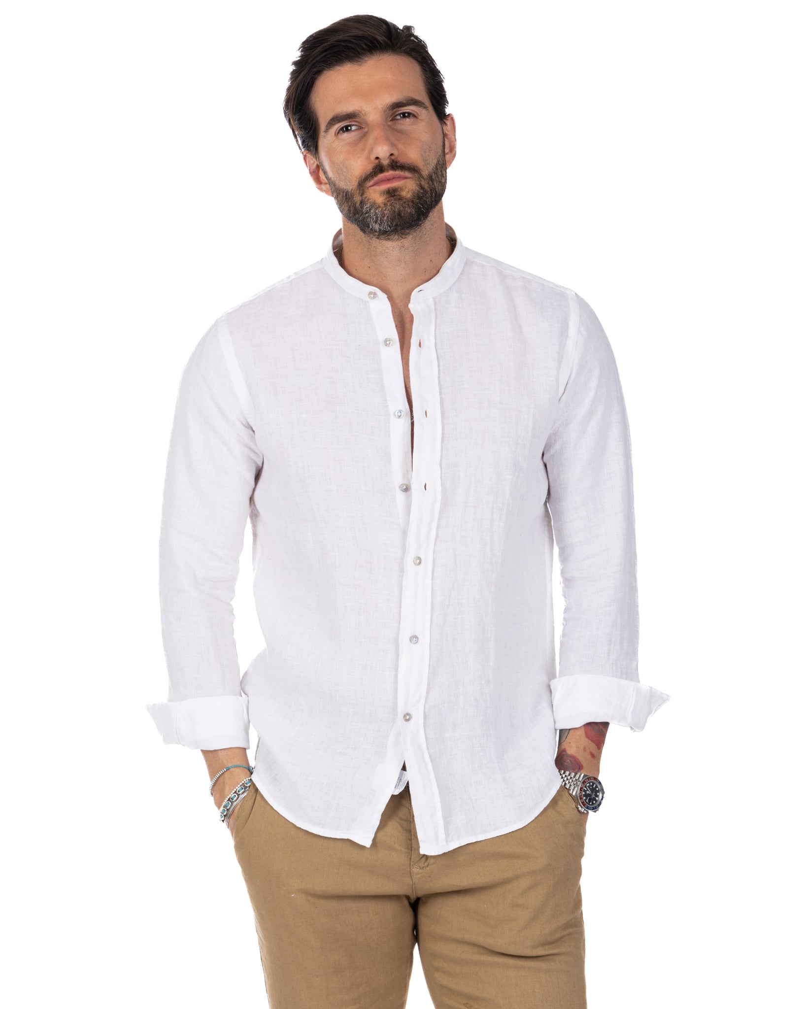 Nizza - camicia coreana in puro lino bianco