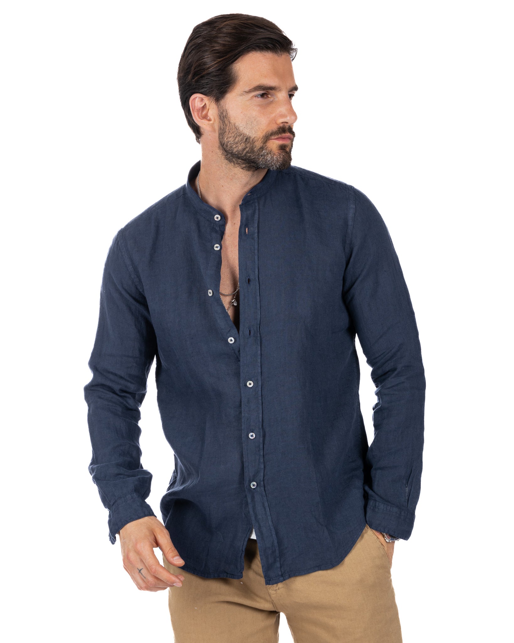 Nizza - camicia coreana in puro lino blu