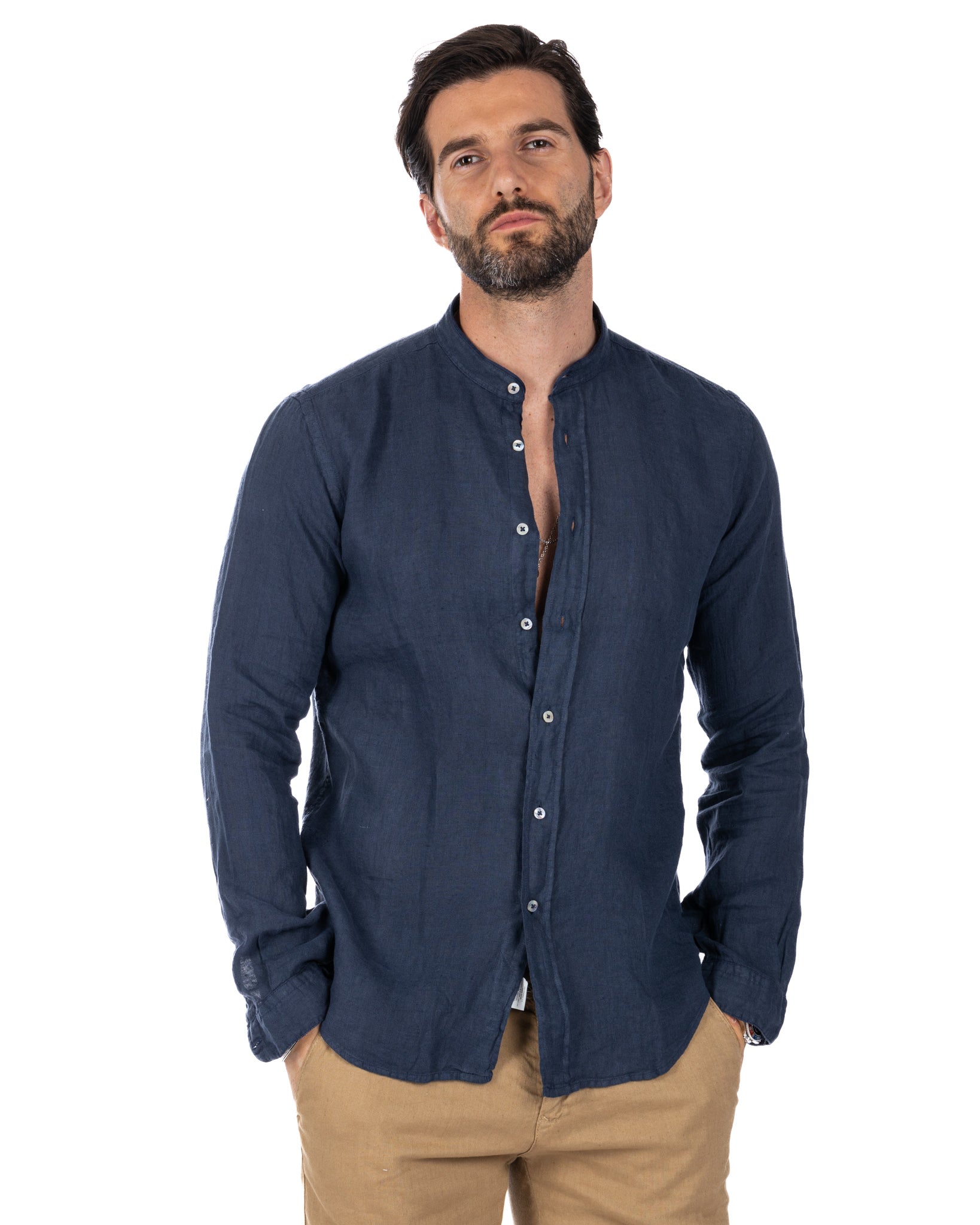 Nizza - camicia coreana in puro lino blu